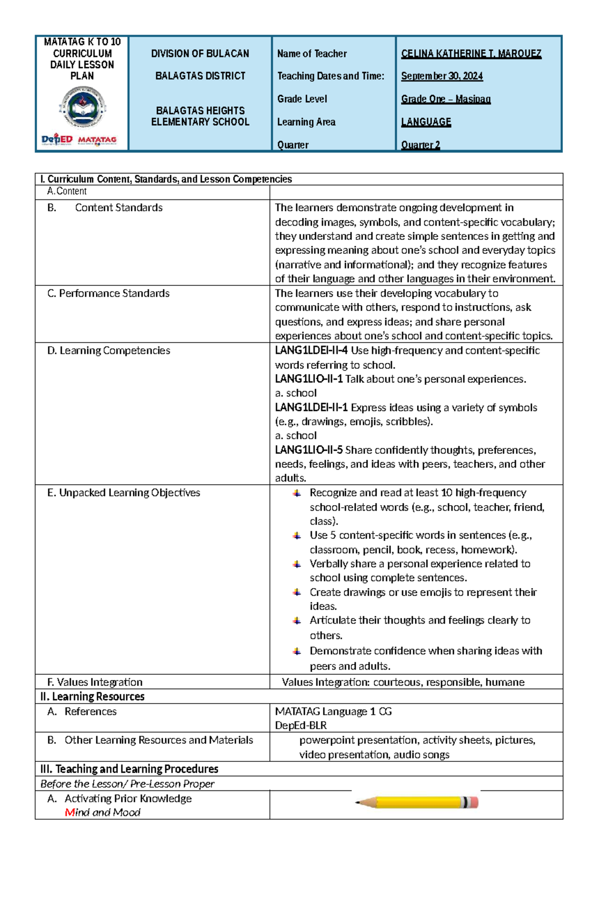 MATATAG K TO 10 LANGUAGE 1 DAILY LESSON PLAN - GRADE 1 - Studocu