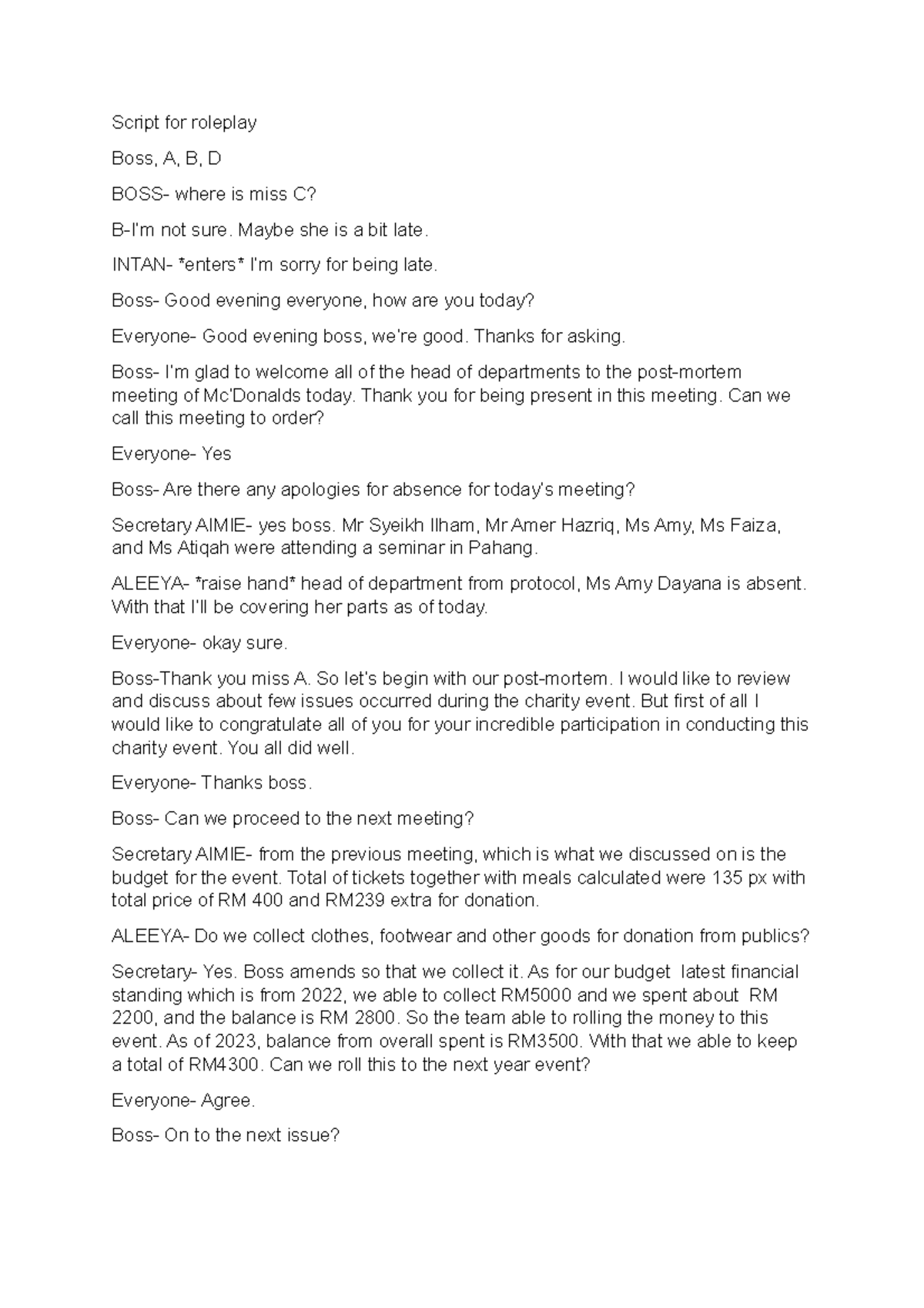 Post-Mortem Meeting Script for Charity Event Roleplay - Studocu