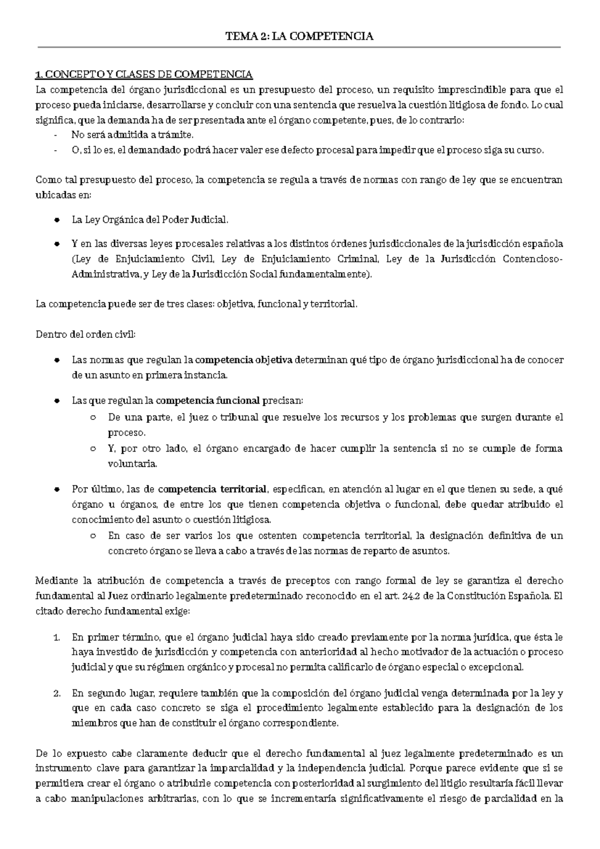 TEMA 2: CONCEPTO Y CLASES DE COMPETENCIA EN PROCESAL I - Studocu