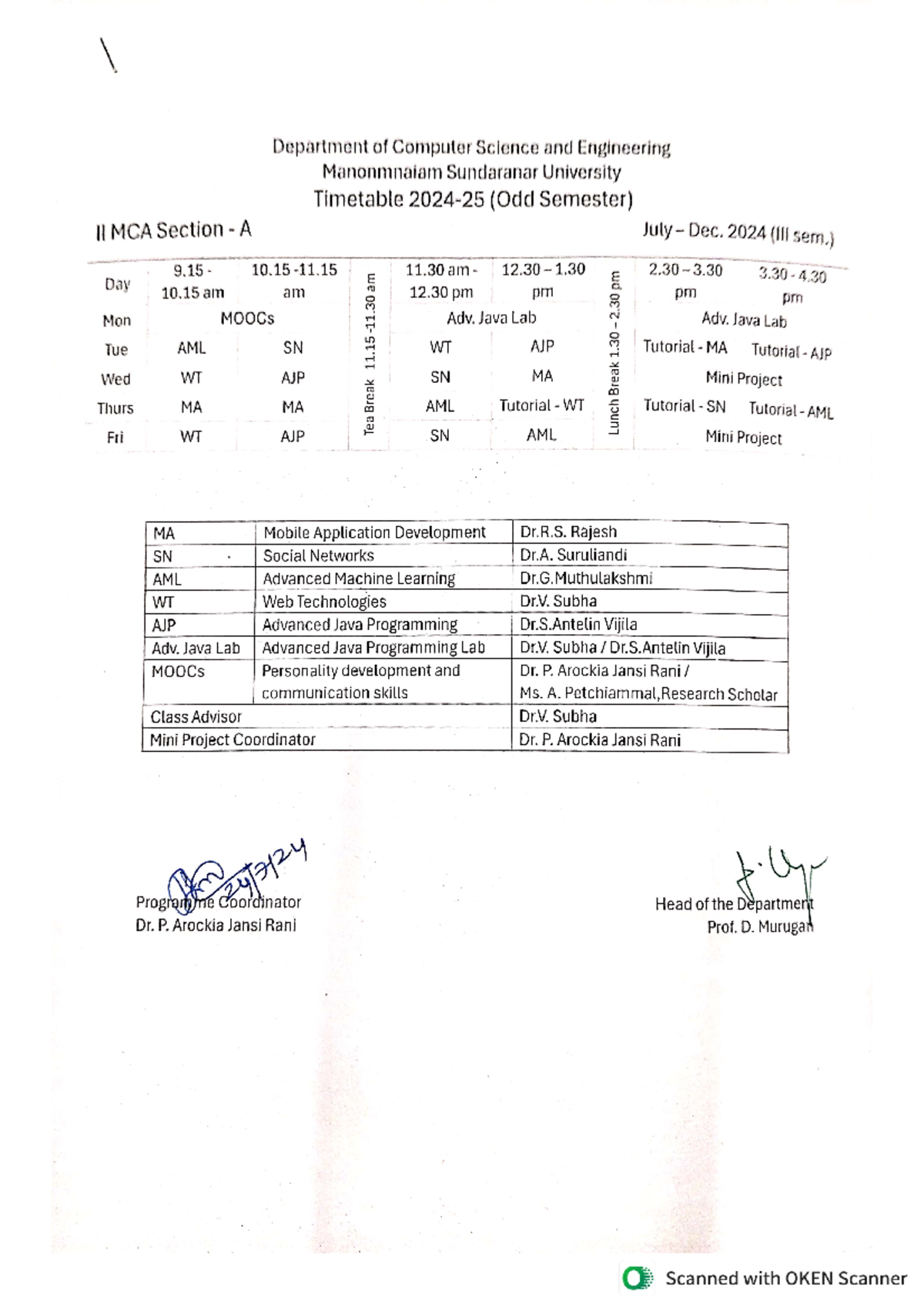 II MCA A Time Table - Department of Computer Science and Engineering ...