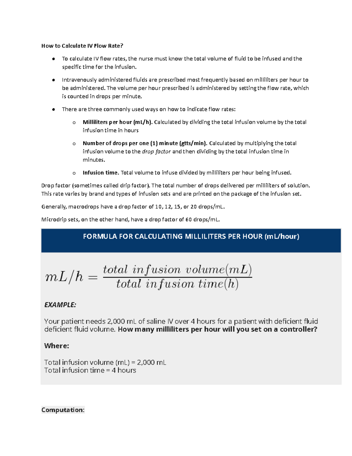 2020 Nursing Guide: Calculating IV Flow Rates and Dosages - Studocu