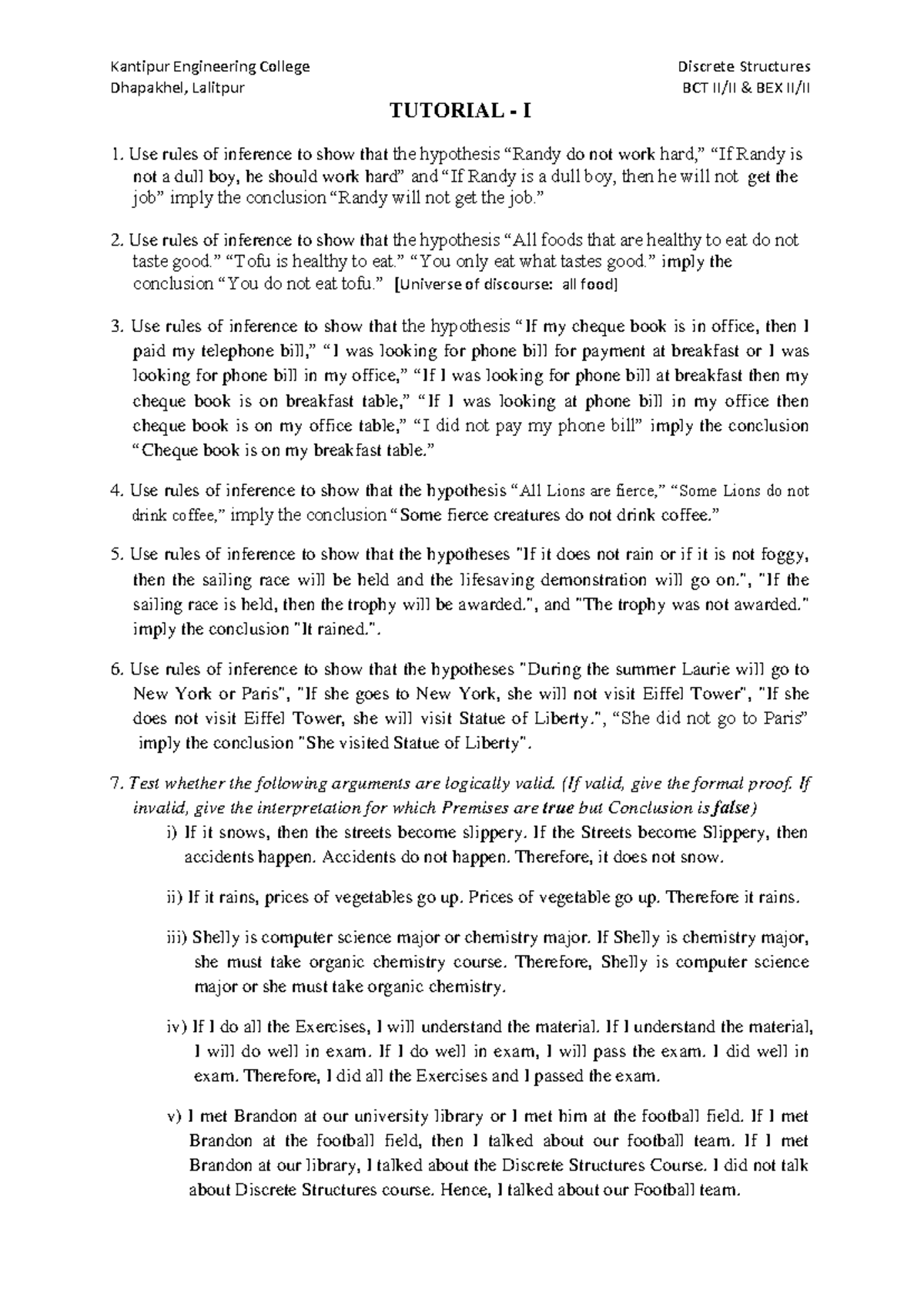 Discrete Structures BCT BEX Tutorial I: Inference Rules & Graph Theory ...