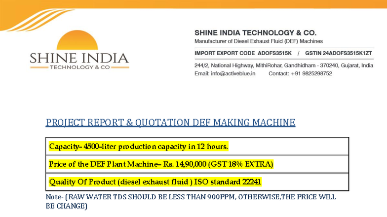 PROJECT REPORT: DEF MAKING MACHINE (4500L Capacity in 12 Hours) - Studocu