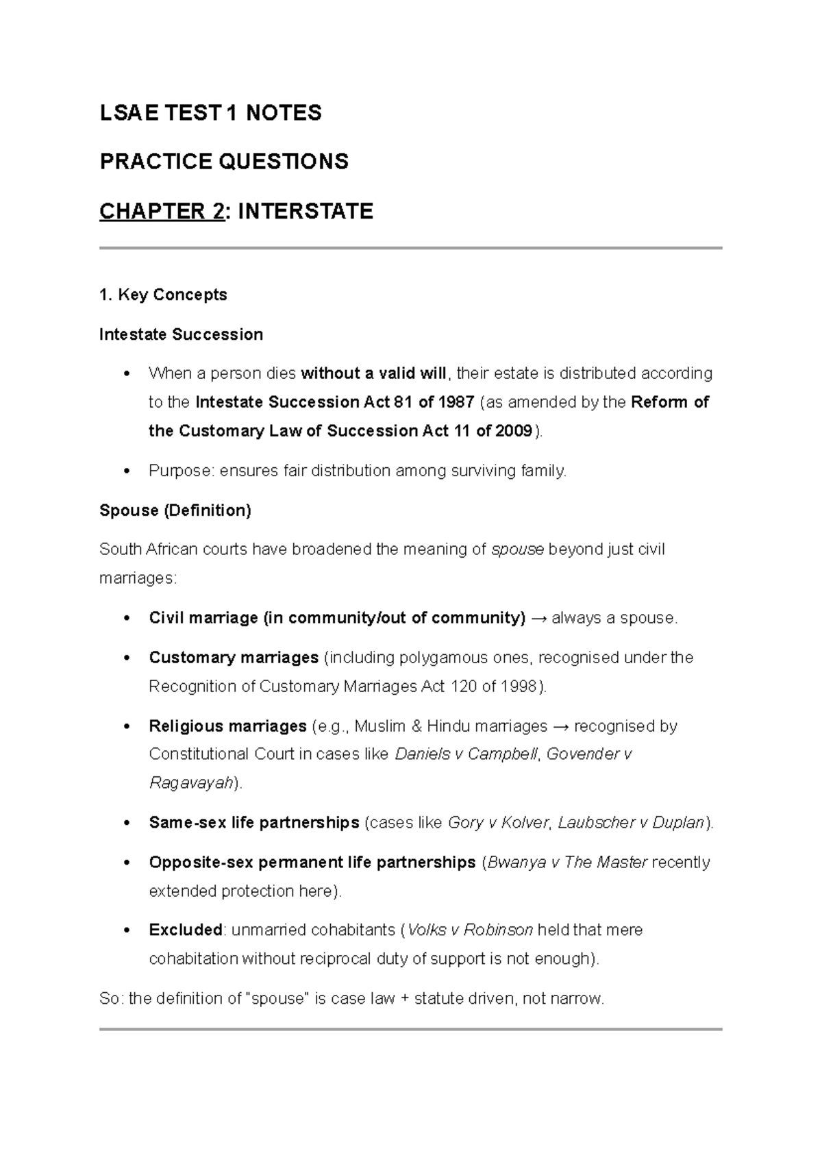 LSAE TEST 1: Intestate Succession Notes & Practice Questions - Studocu