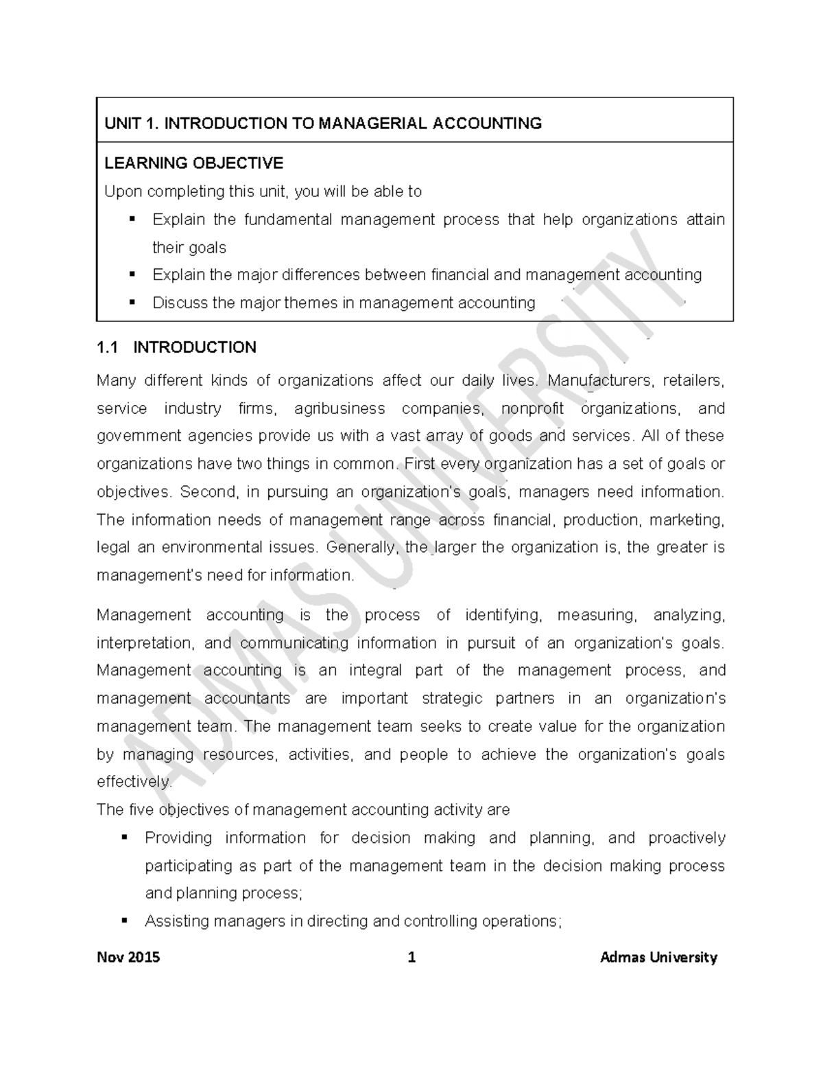 Unit 1 acct312 - Acfn - UNIT 1. INTRODUCTION TO MANAGERIAL ACCOUNTING ...