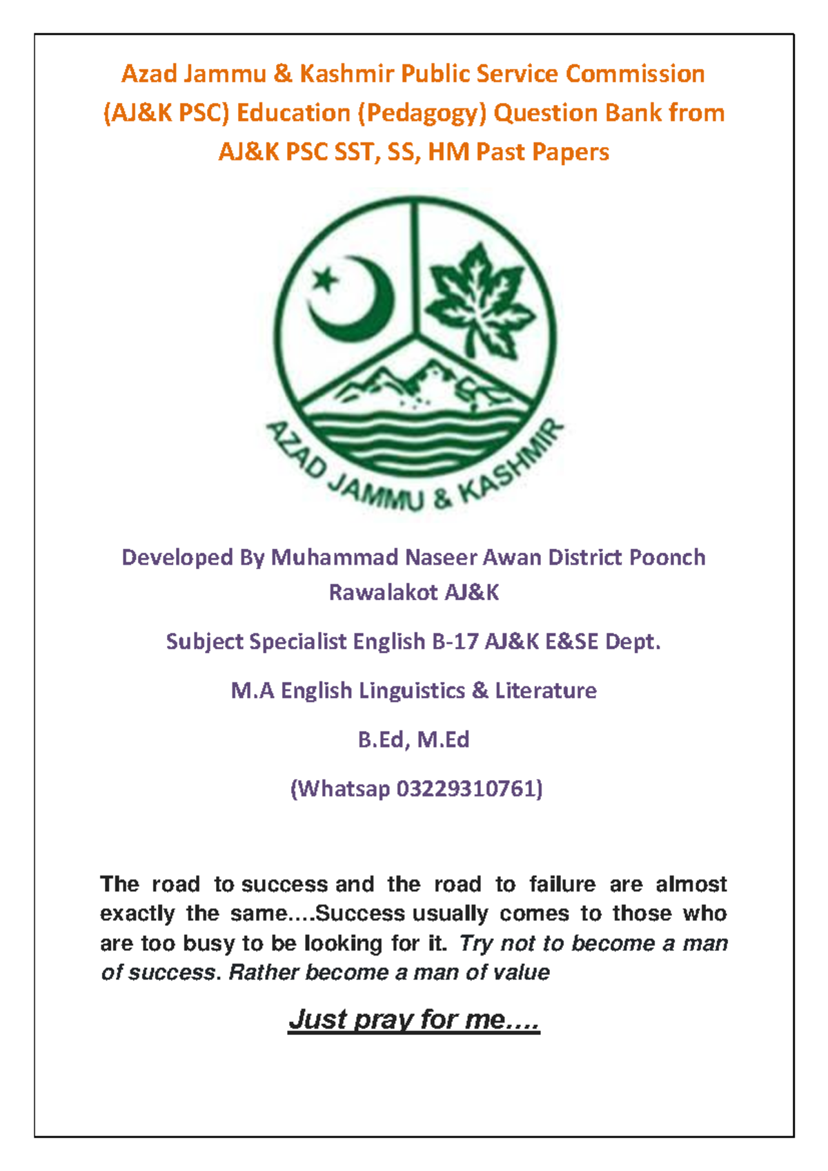 AJK PSC Pedagogy Question Bank: SST, SS, HM Past Papers Insights - Studocu