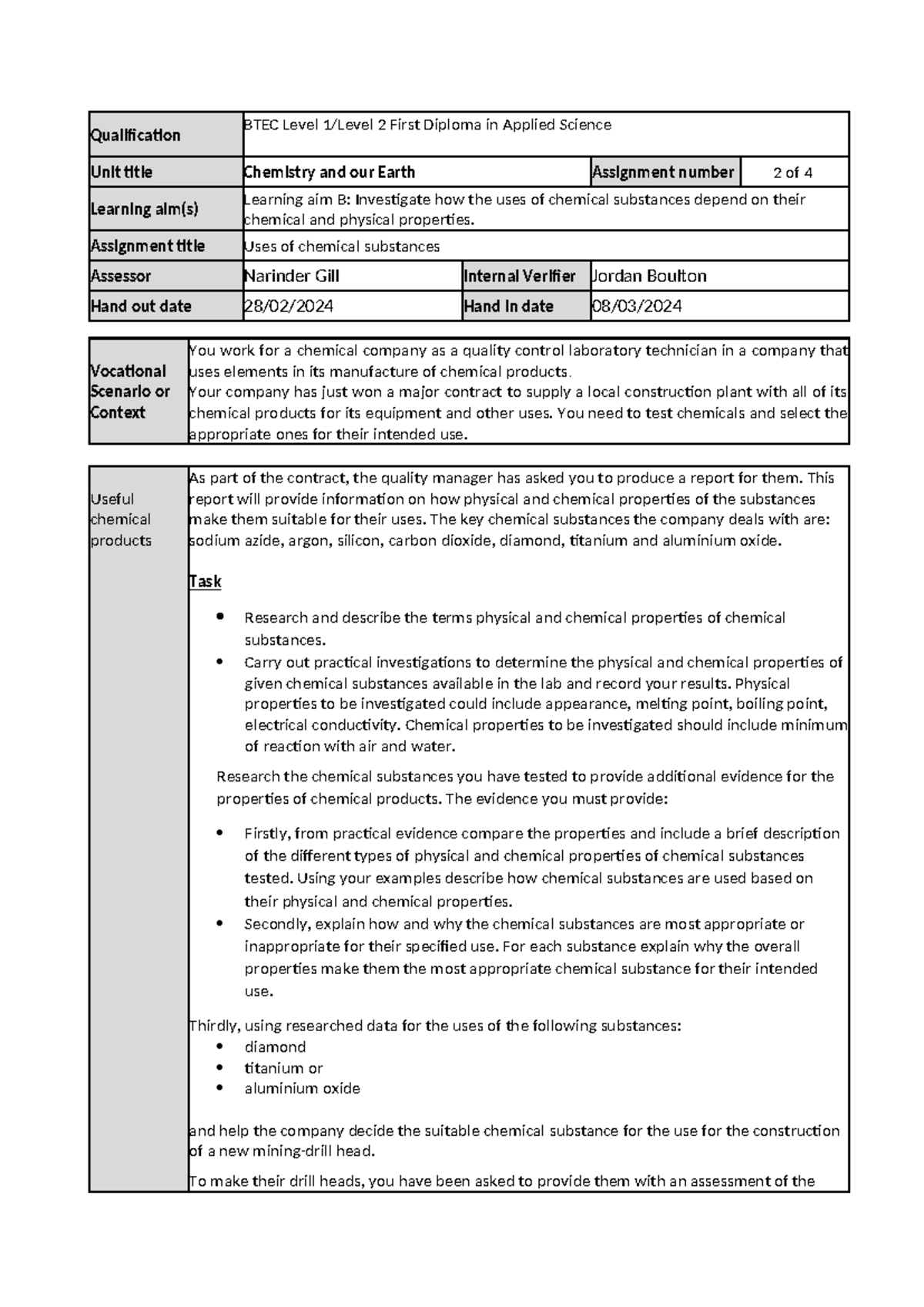 BTEC L2 Applied Science Unit 2 Assignment: Chemical Substances ...