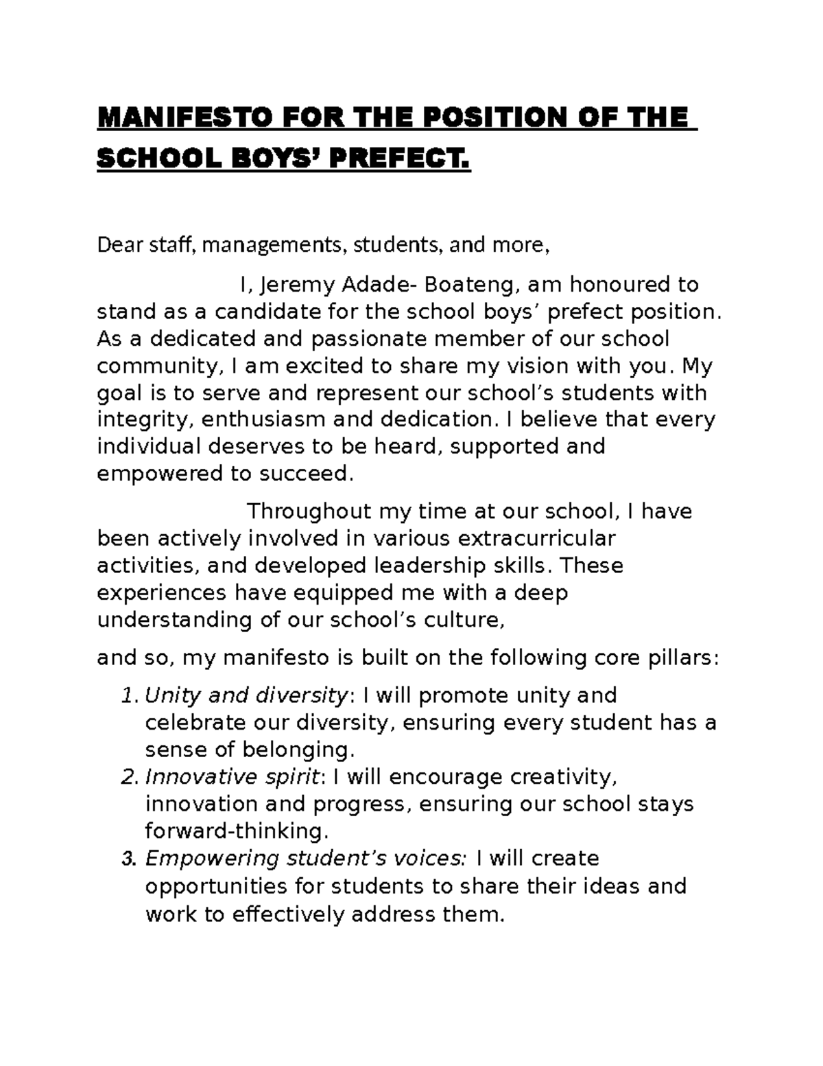 Boys' Prefect Manifesto by Jeremy Adade-Boateng - Studocu
