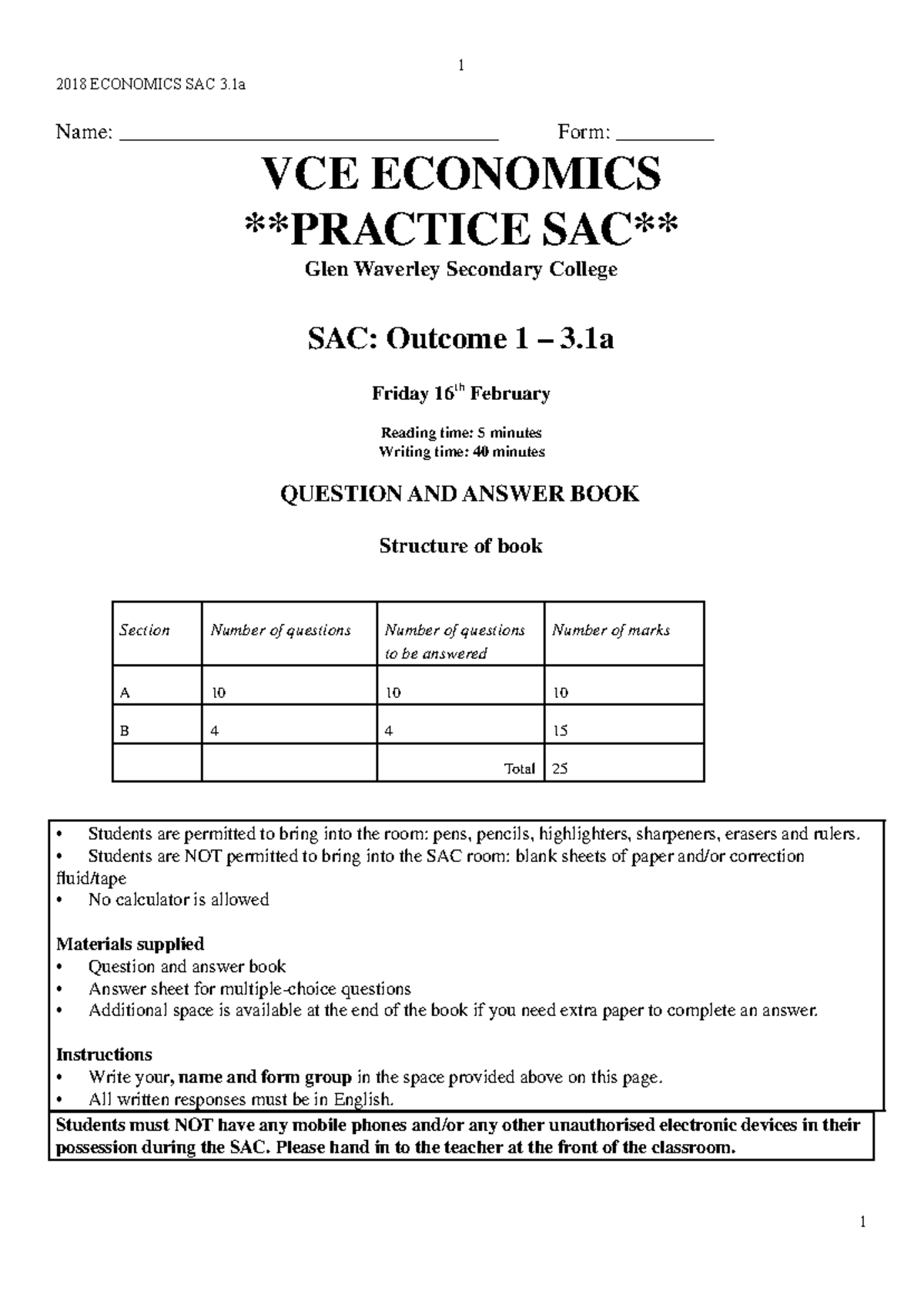 Practice SAC 6 - VCE Economics Outcome 1 (3.1a) 2018 - Studocu