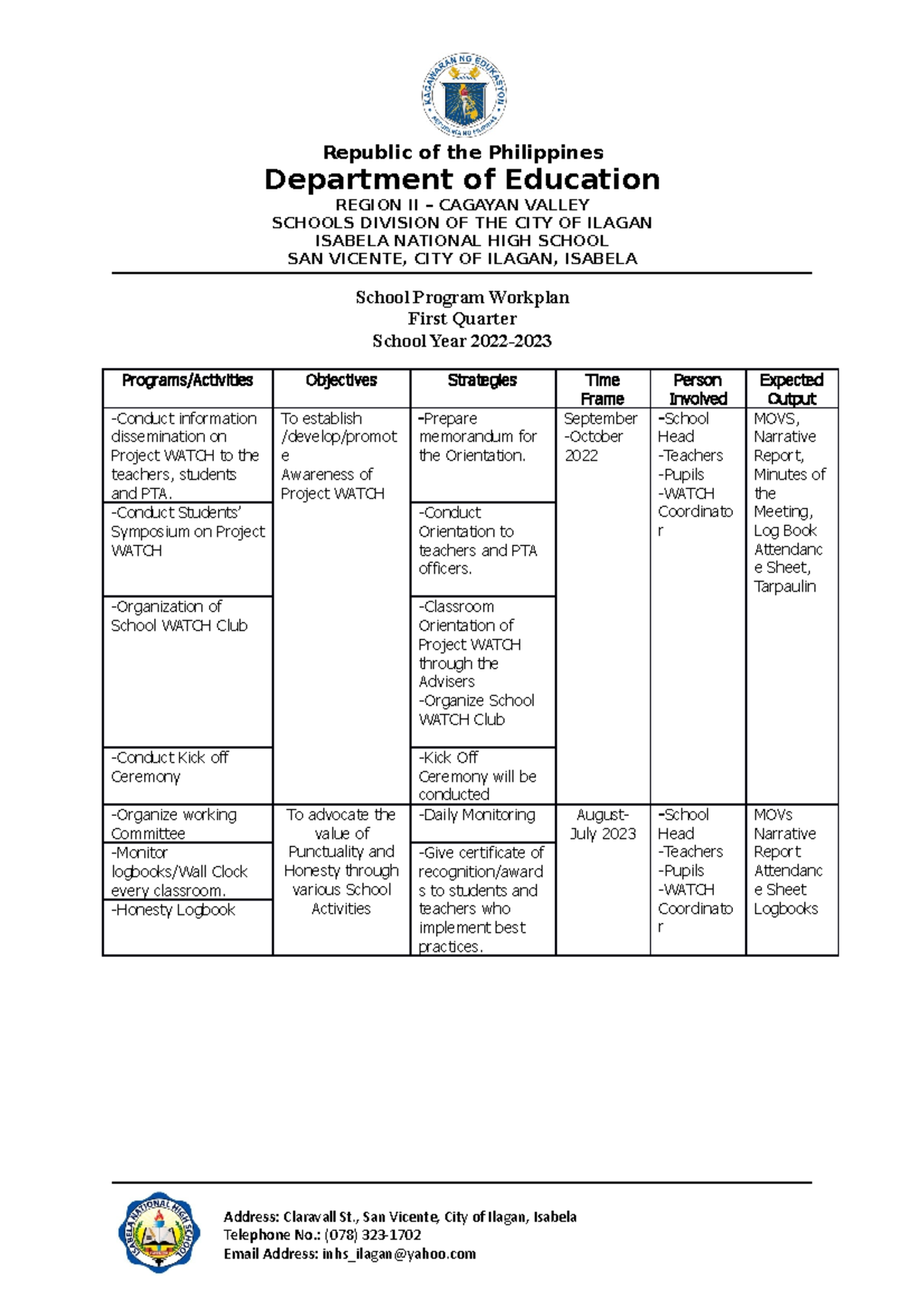 Watch-CLUB- Workplan - Republic of the Philippines Department of ...