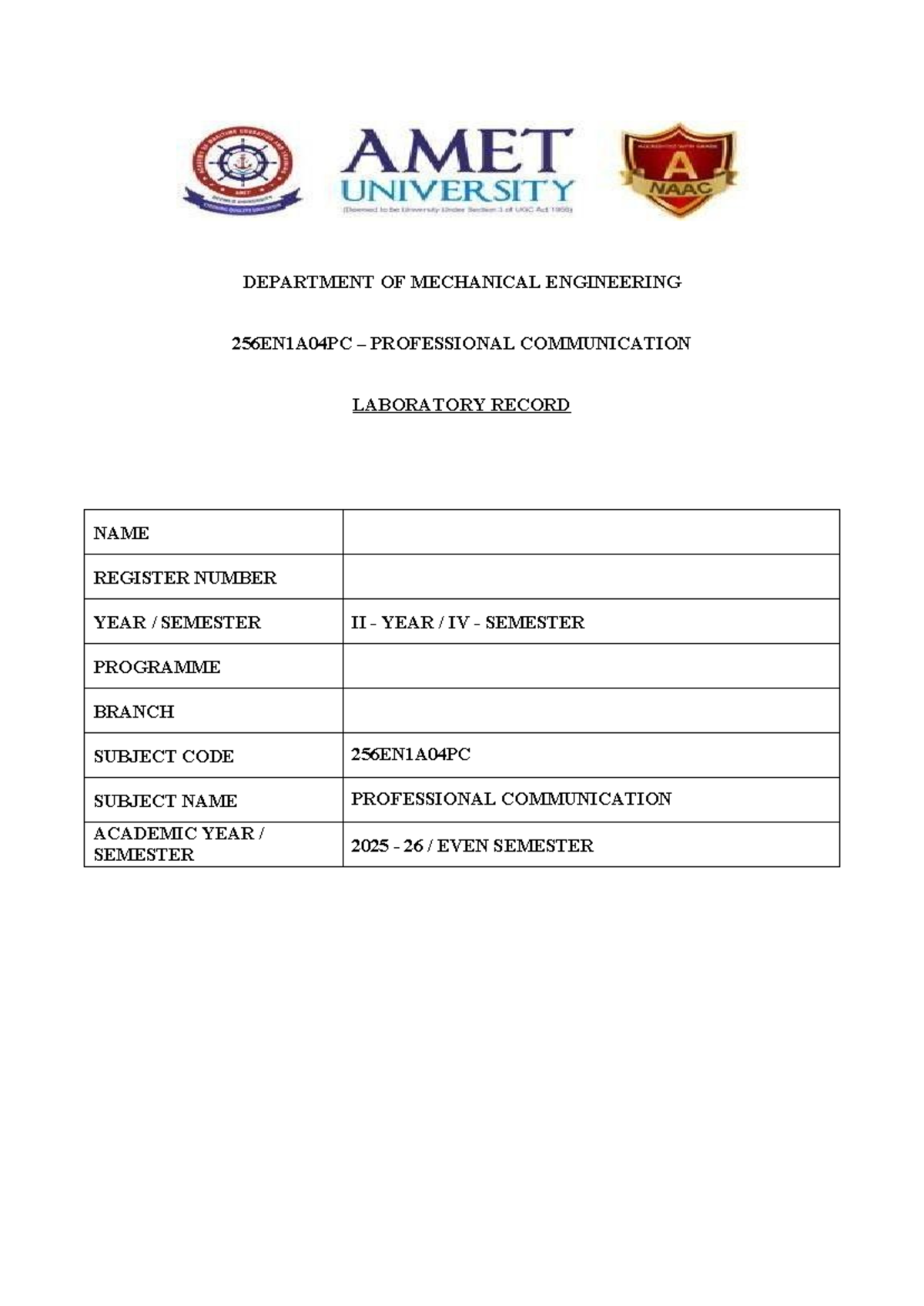 256EN1A04PC Professional Communication Lab Record - Semester II - Studocu