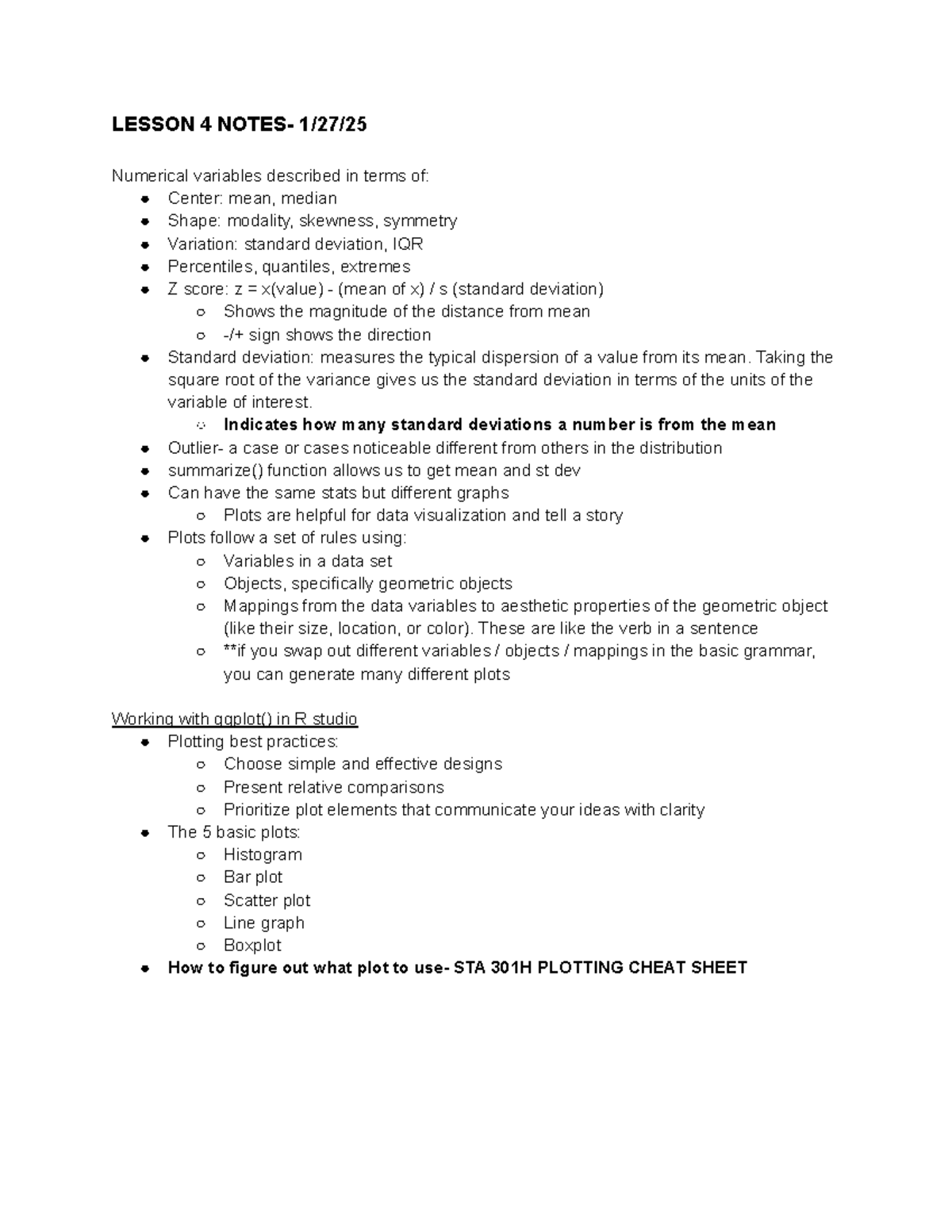 Lesson 4 STA301H Notes - LESSON 4 NOTES- 1/27/ Numerical variables ...