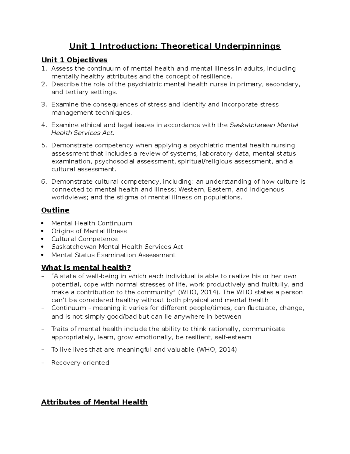 Unit 1: Theoretical Foundations in Mental Health Nursing - Studocu