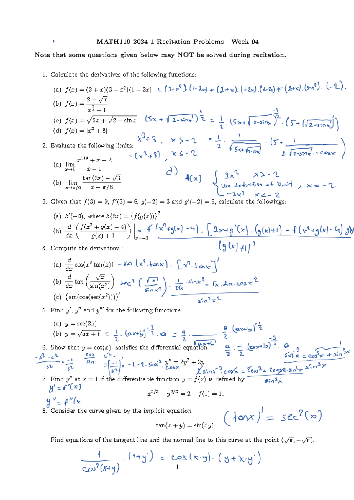 MATH119 Fall 2024 Recitation 4 - MATH119 2024-1 Recitation Problems ...