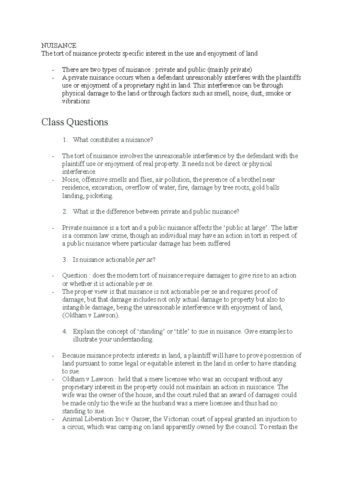 Nuisance - week 3 class 1 - NUISANCE The tort of nuisance protects ...