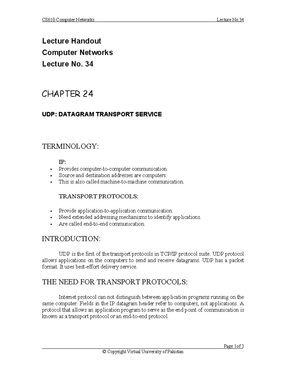 Networks Lecture No. 34: UDP Datagram Transport Service Notes - Studocu