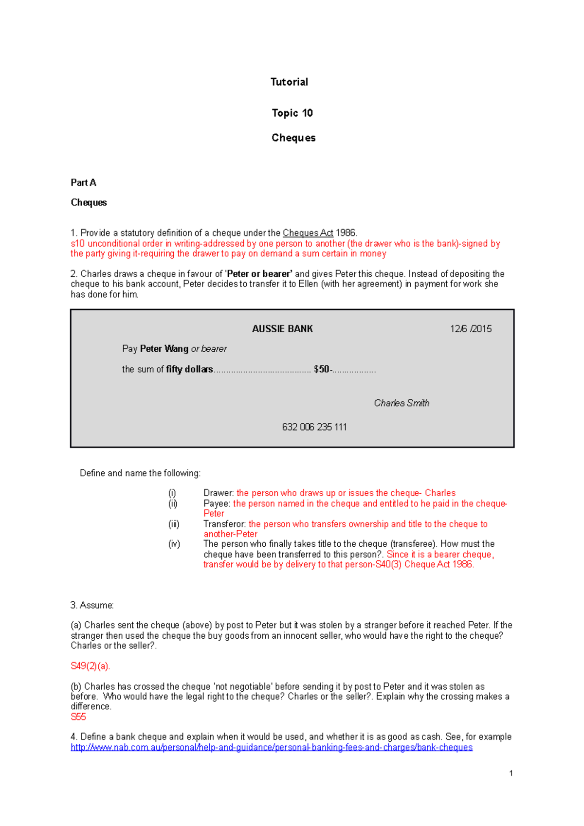 Tutorial 10 - Cheques - Tutorial Topic 10 Cheques Part A Cheques ...