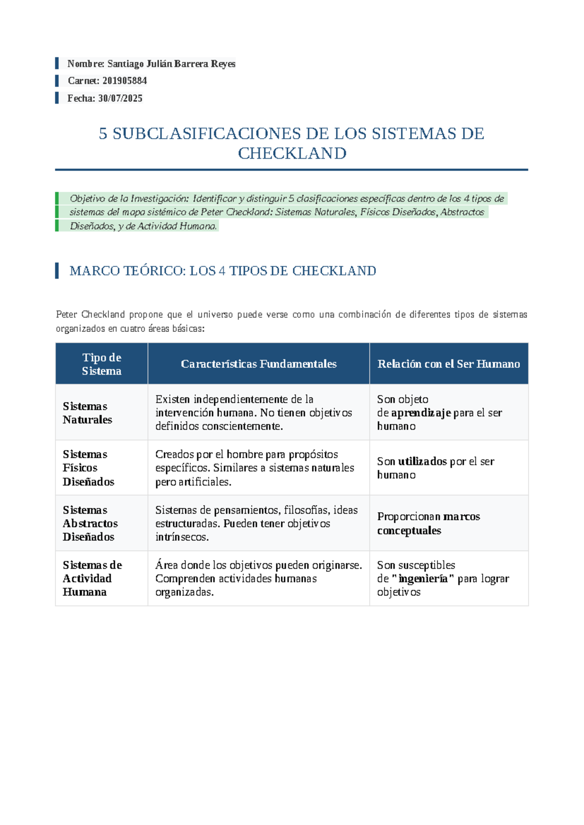 Clasificaciones de Sistemas según Checkland: Análisis y Tipos - Studocu