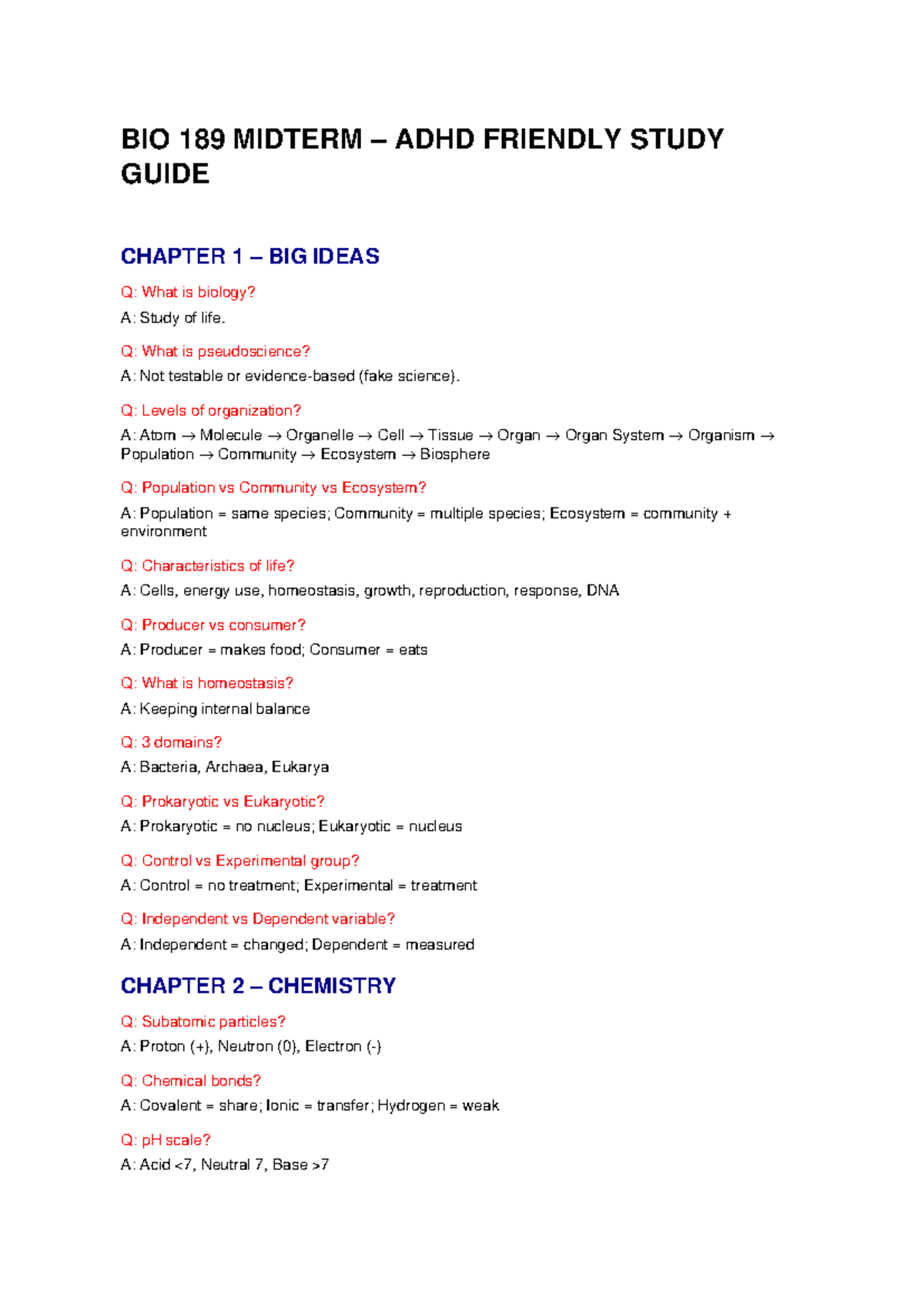 BIO 189 MIDTERM ADHD FRIENDLY STUDY GUIDE: KEY CONCEPTS & IDEAS - Studocu