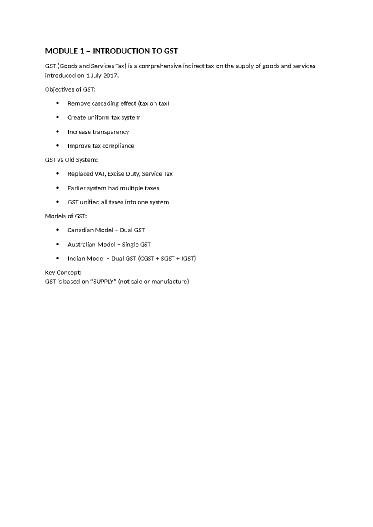 MODULE 1-5 GST Overview: Structure, Impact & Input Tax Credit - Studocu