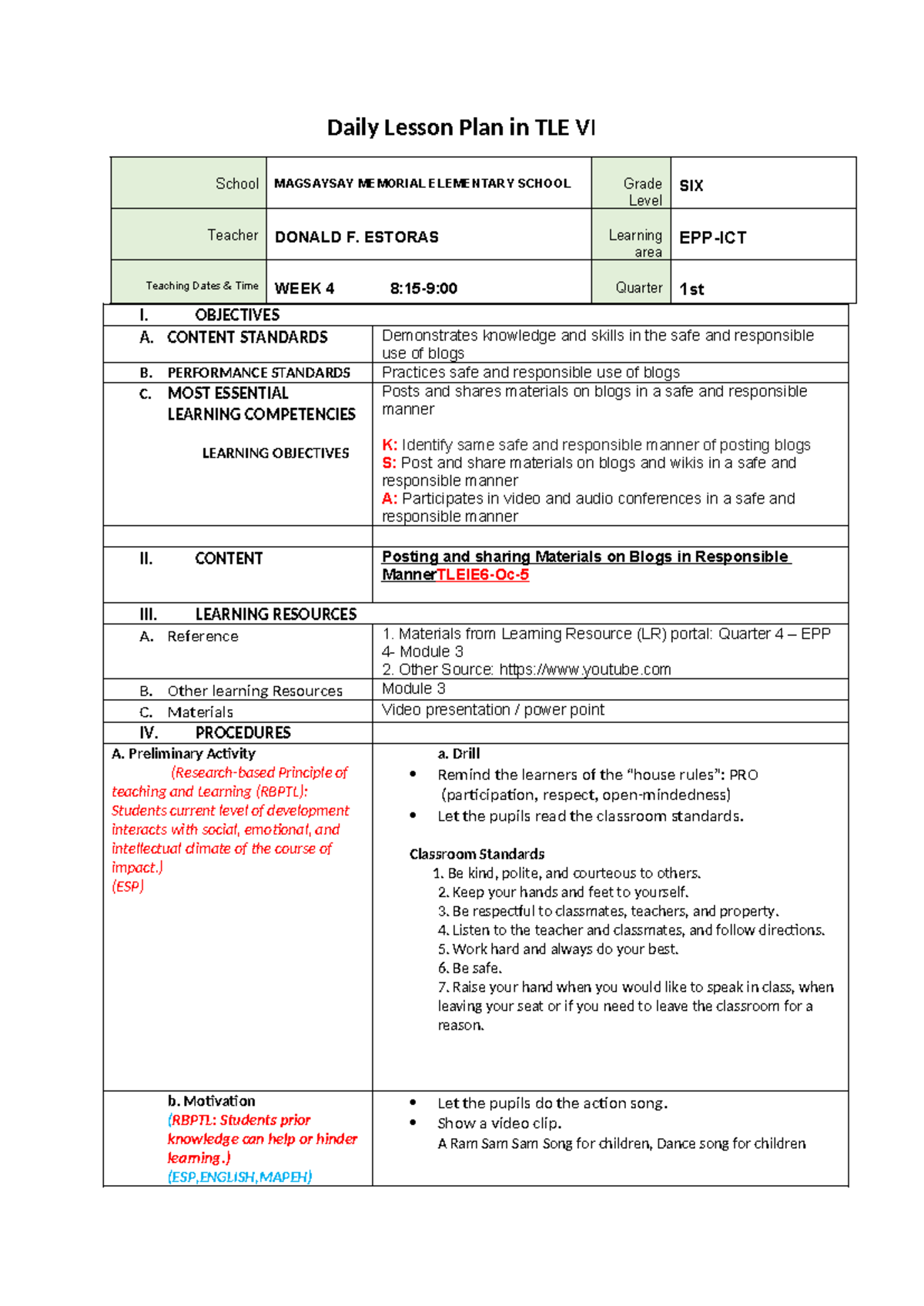 Daily Lesson Plan for TLE VI: Blogging Skills and Activities - Studocu
