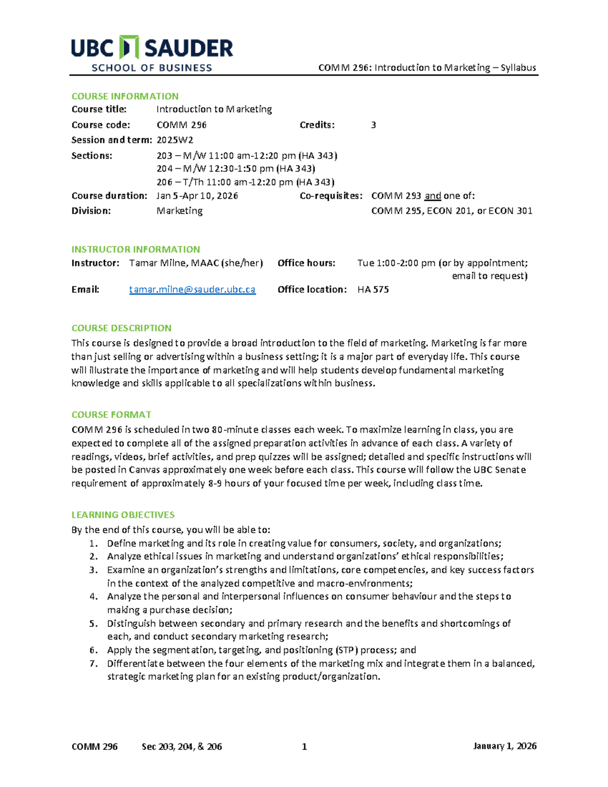 COMM 296: Introduction to Marketing Course Syllabus (2025W2) - Studocu
