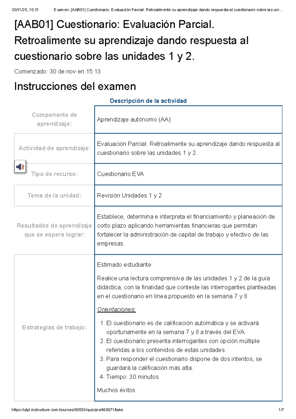 Examen [AAB01] Cuestionario Evaluación Parcial: Unidades 1 y 2 - Studocu