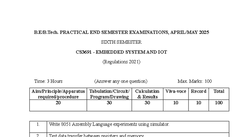 CS3691 Embedded Systems & IoT Practical Exam Guide 2025 - Studocu