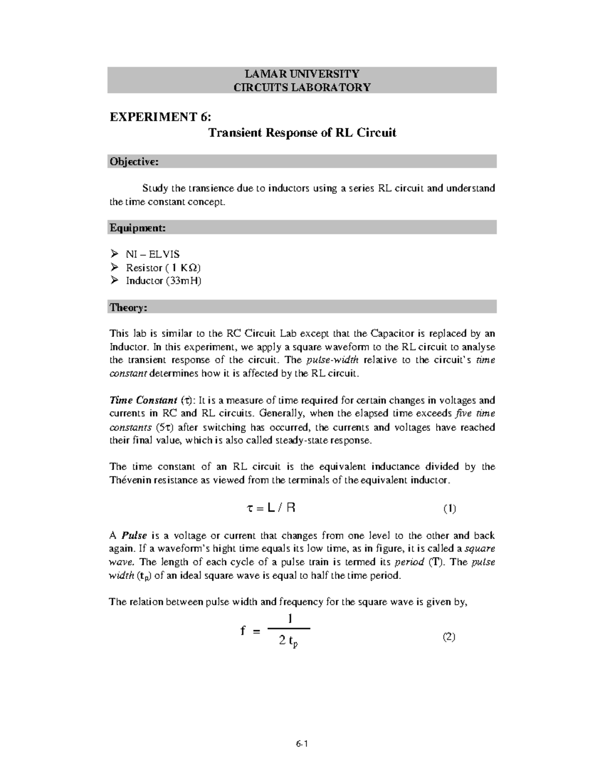 Lab 6 - Analyzing Transient Response in RL Circuits (Circuit Lab) - Studocu
