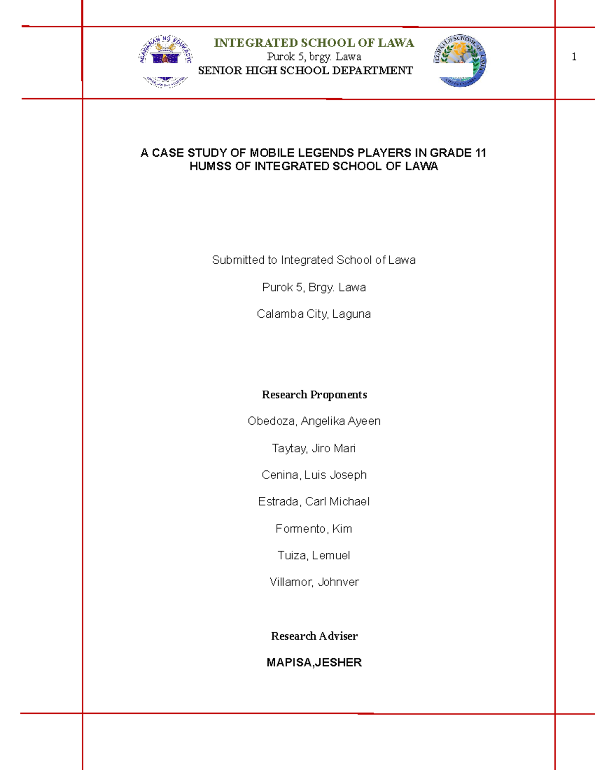 PR1 Chapter 1 Case Study: Mobile Legends Addiction Among Grade 11 HUMSS ...