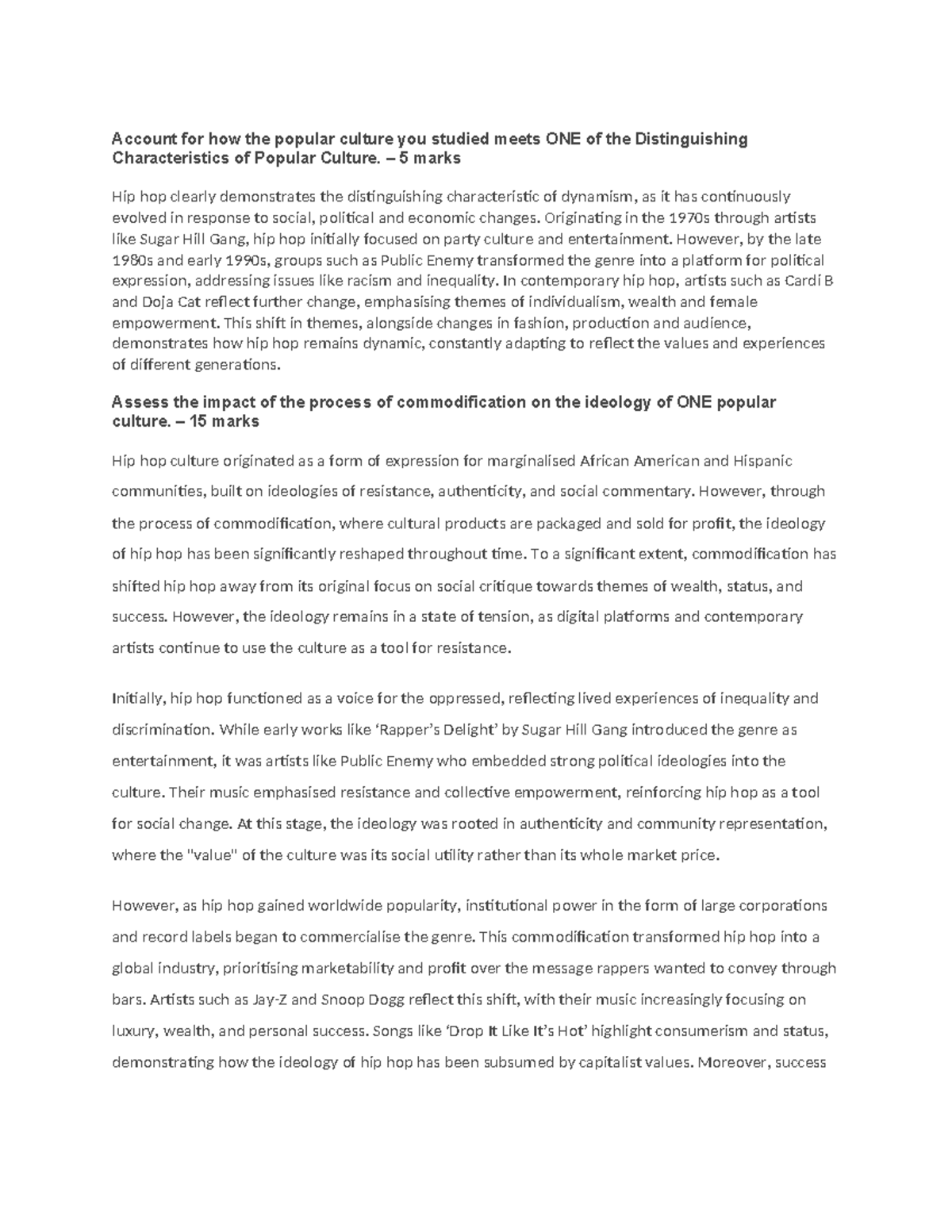 SAC Practice Questions: Analyzing Hip Hop's Ideology & Commodification ...