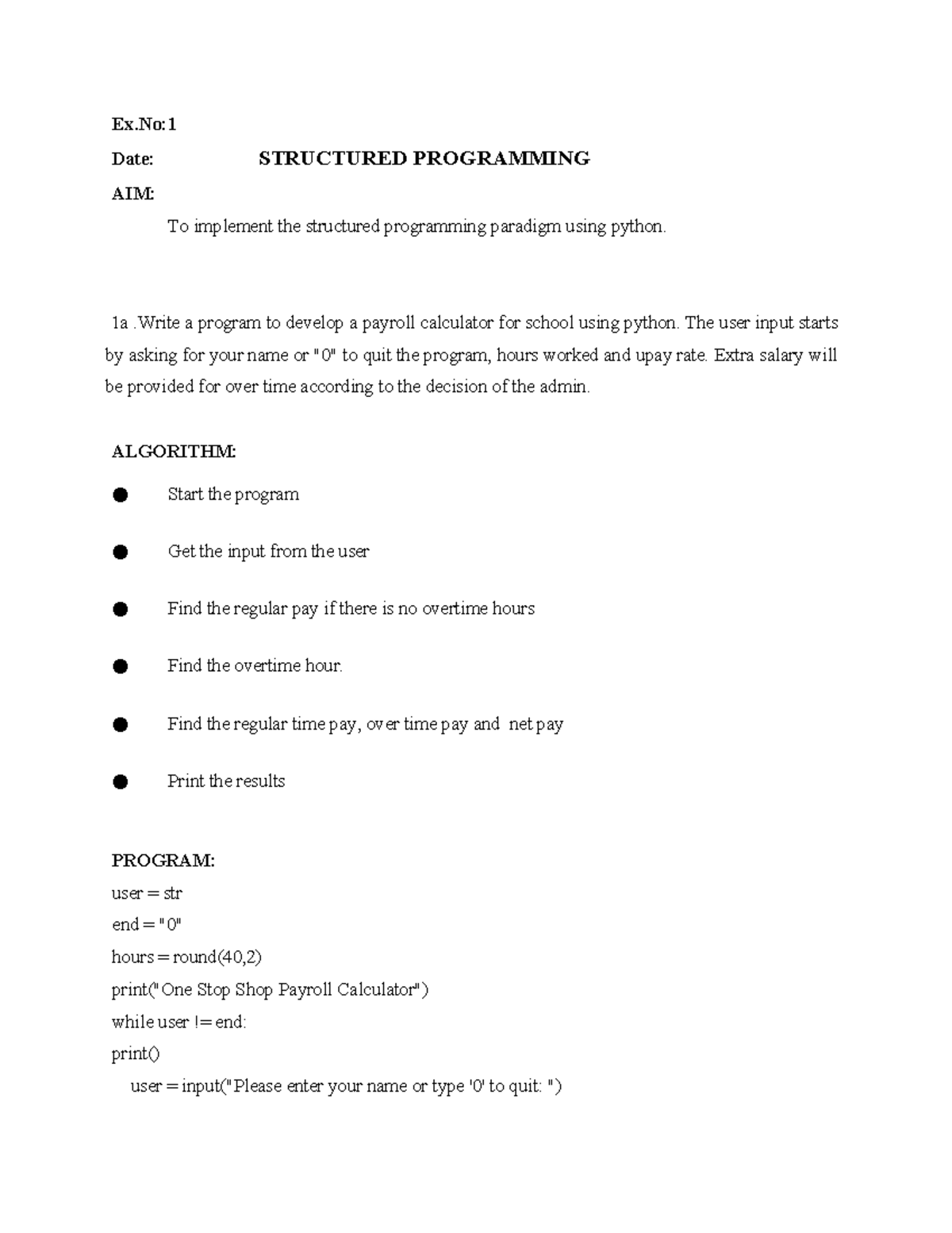 APP Lab Manual - nun - Ex: Date: STRUCTURED PROGRAMMING AIM: To ...