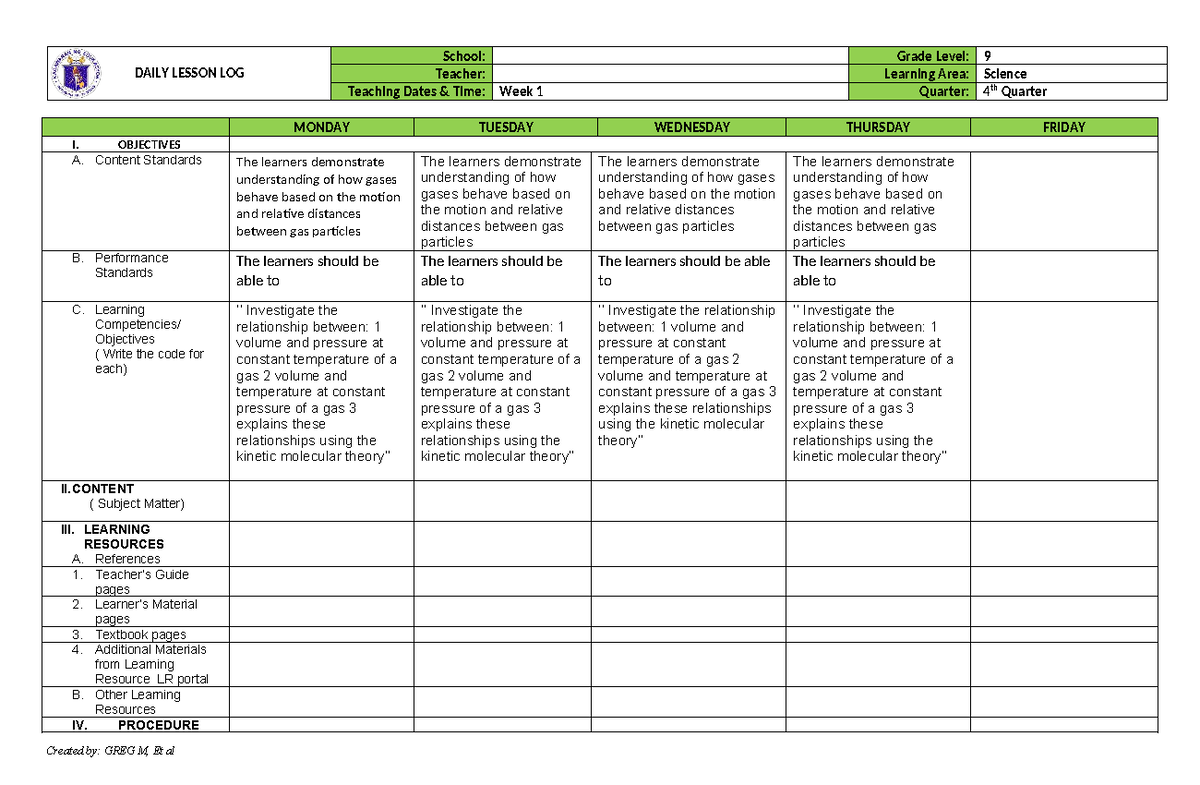 Science 10 Q4 Lesson Log: Understanding Gas Behavior and Kinetic Theory ...