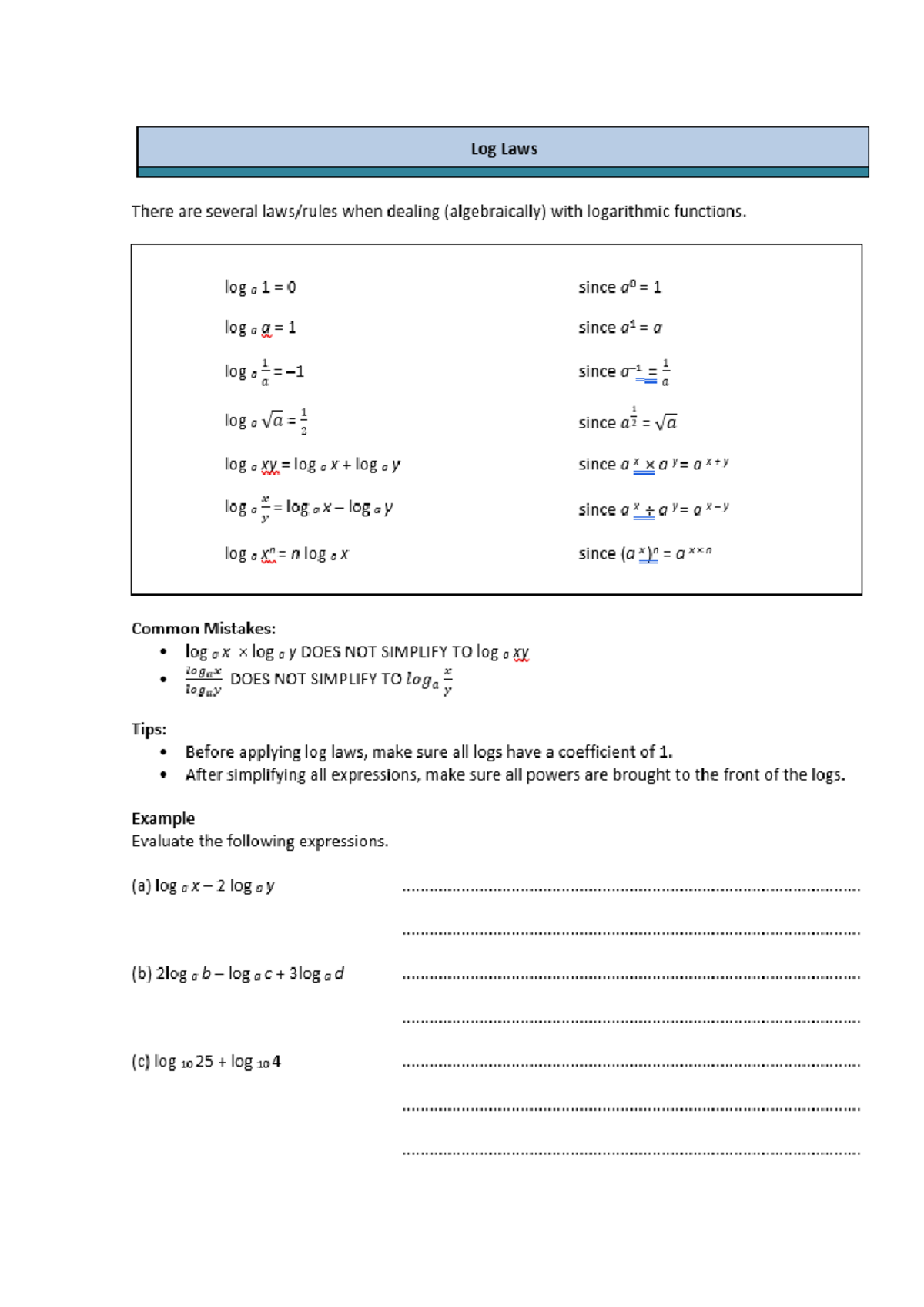 Log laws and solving equations - Log Laws There are several when ...