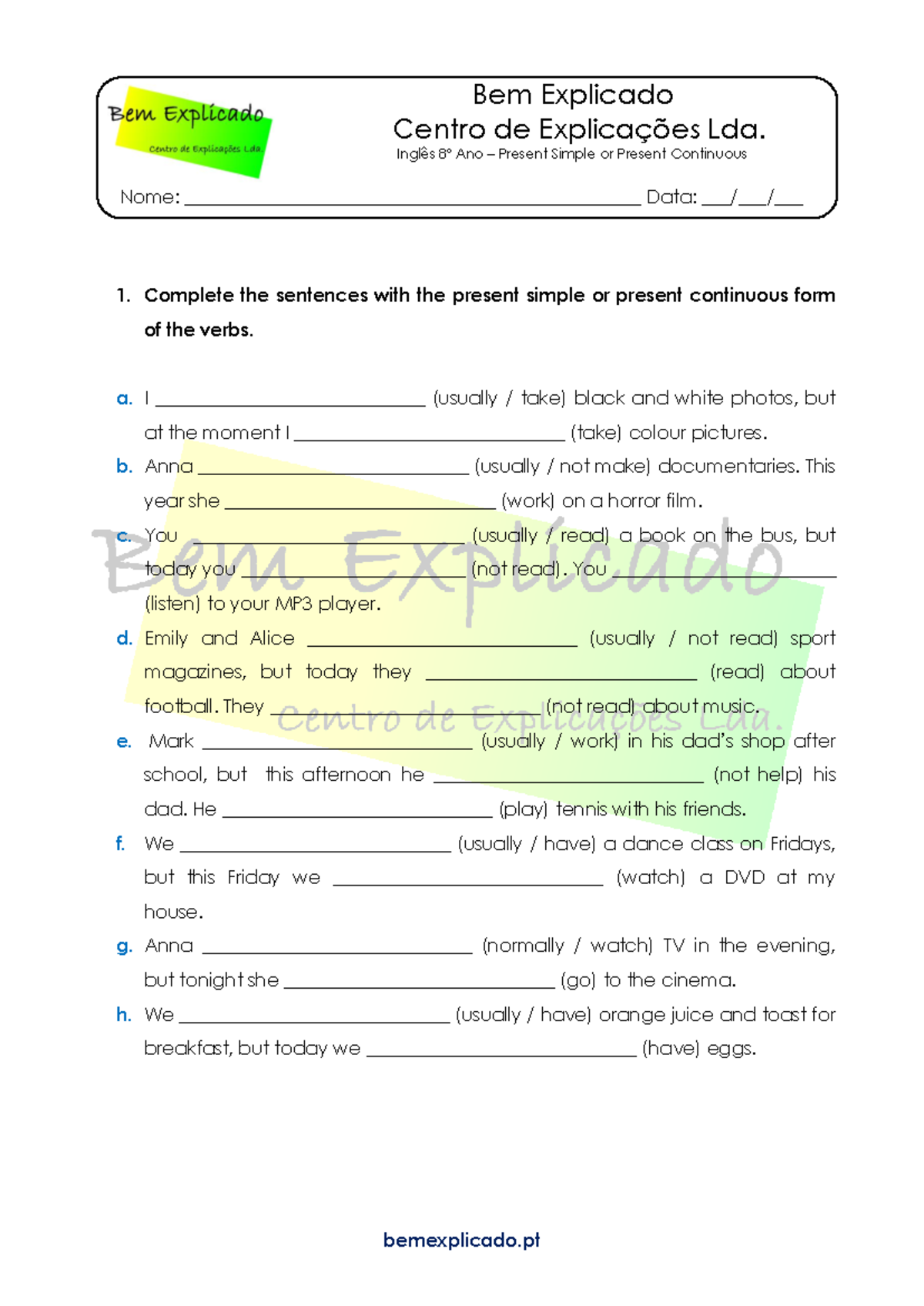 Ficha de Trabalho - Present Simple vs. Present Continuous - Inglês 8º ...