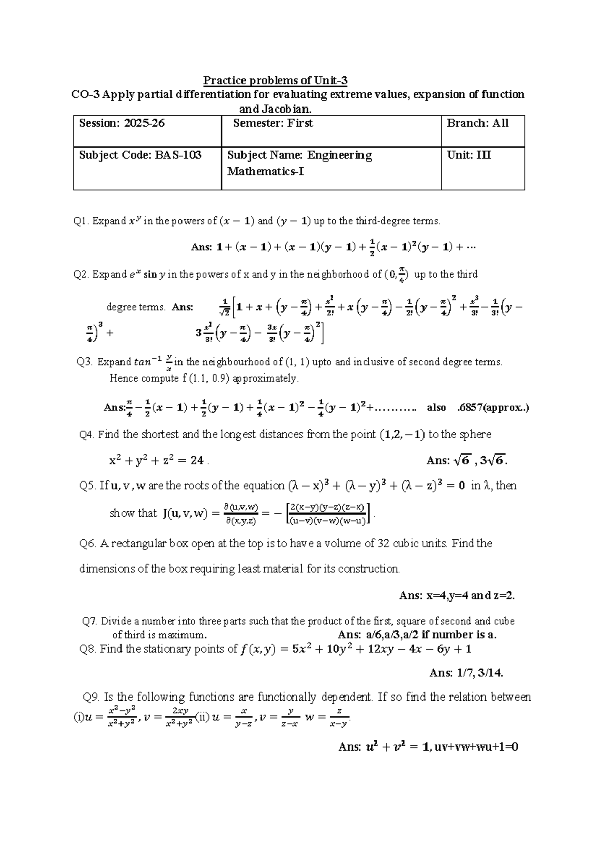 Practice Problems on Partial Differentiation - Unit 3 (Engg) - Studocu