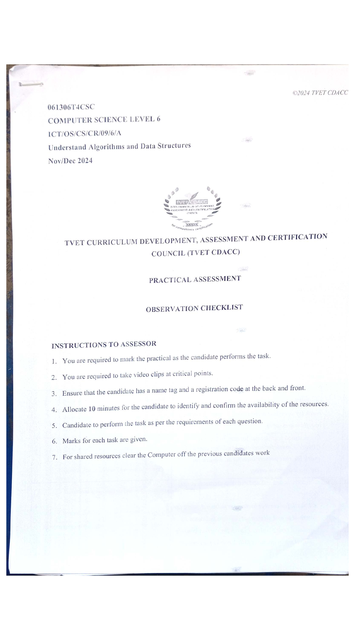 TVET CDACC 061306T4CSC Level 6 Practical Assessment Checklist for ...