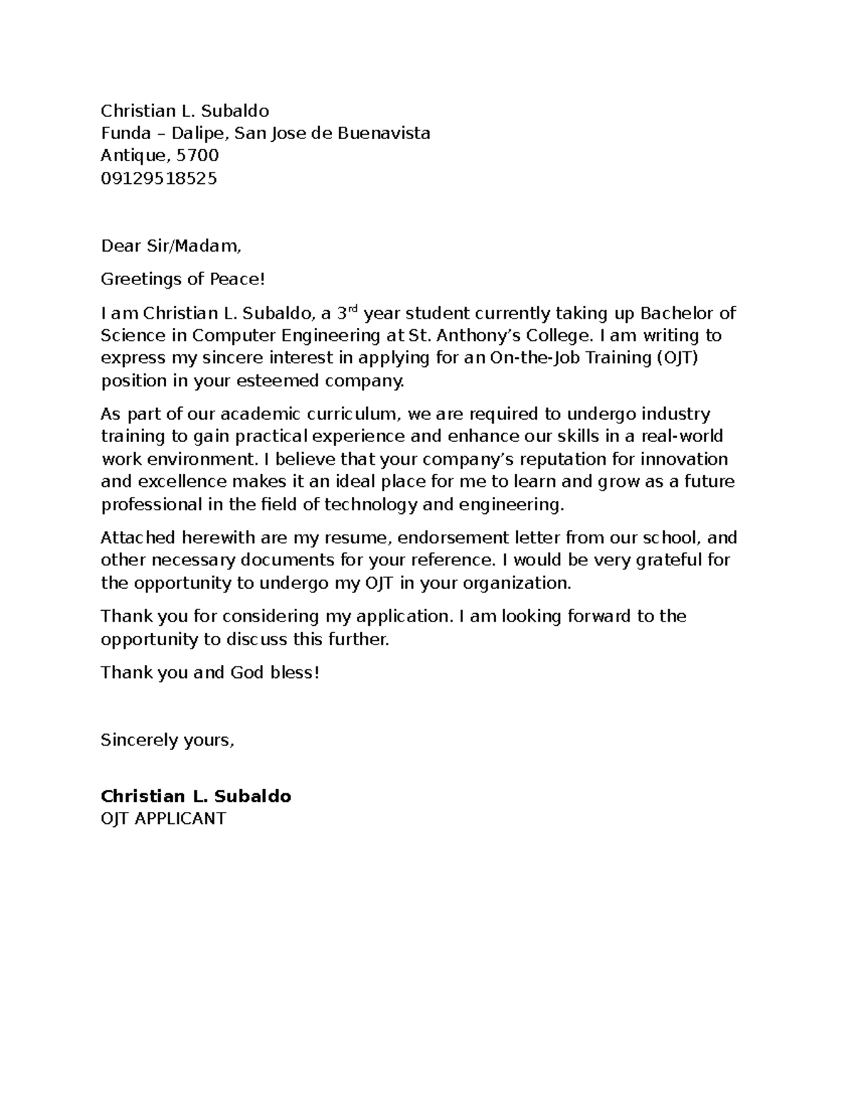 OJT Application Letter - Christian L. Subaldo, BS in Comp Eng - Studocu