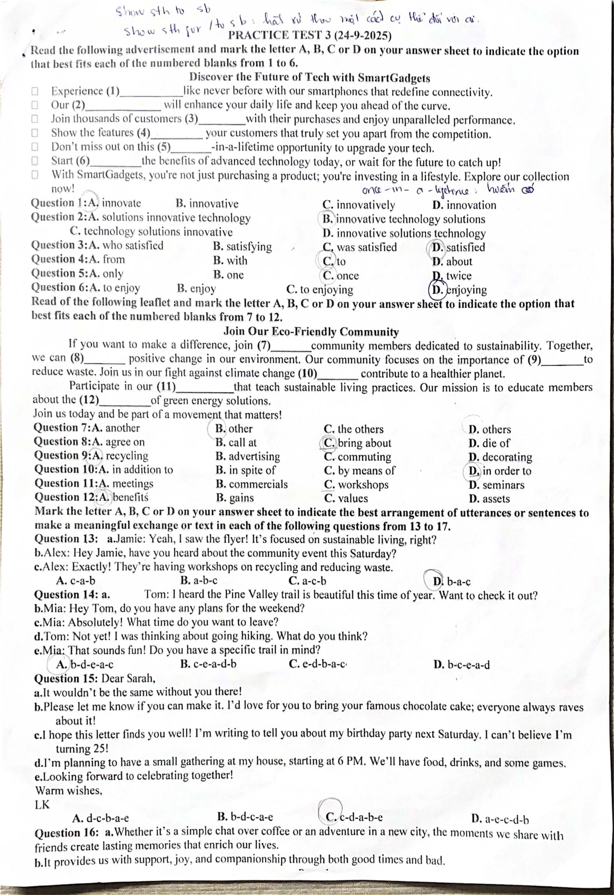 Practice Test 3: Language Skills Assessment for Course CU - Studocu