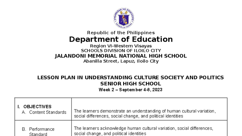 UCSP Lesson Plan: Understanding Culture, Society & Politics - Week 2 ...