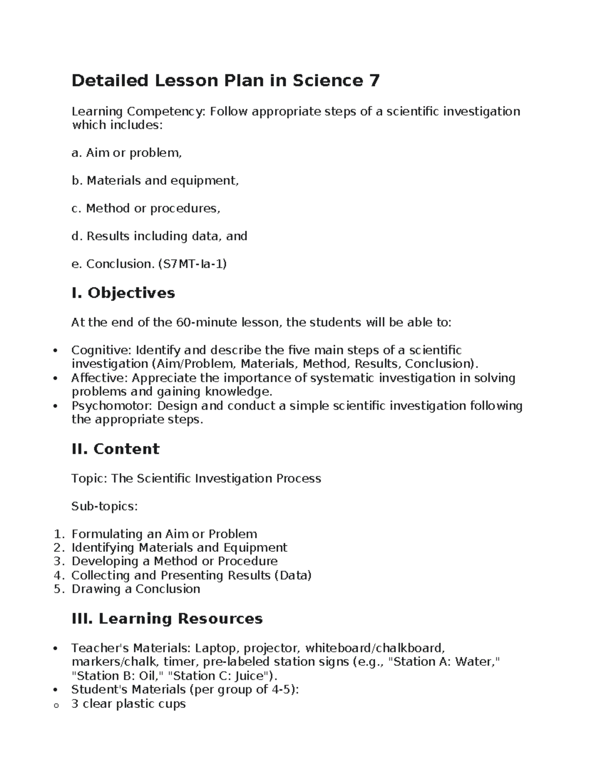 Detailed Lesson Plan in Science 7: Scientific Investigation Process ...