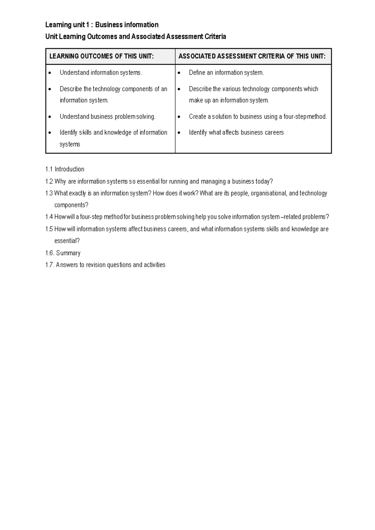 Learning Unit 1: Business Information Systems Overview and Analysis ...