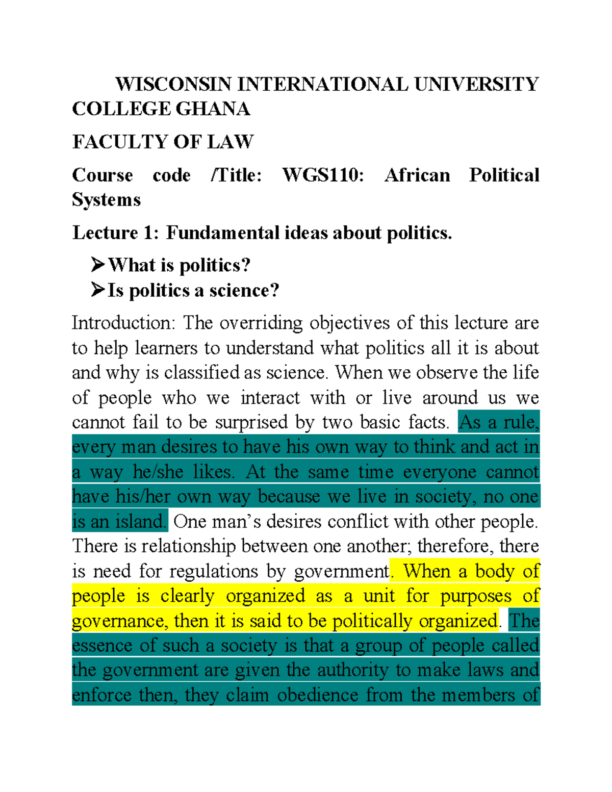 WGS110: African Political Systems Lecture 1 - Understanding Politics ...