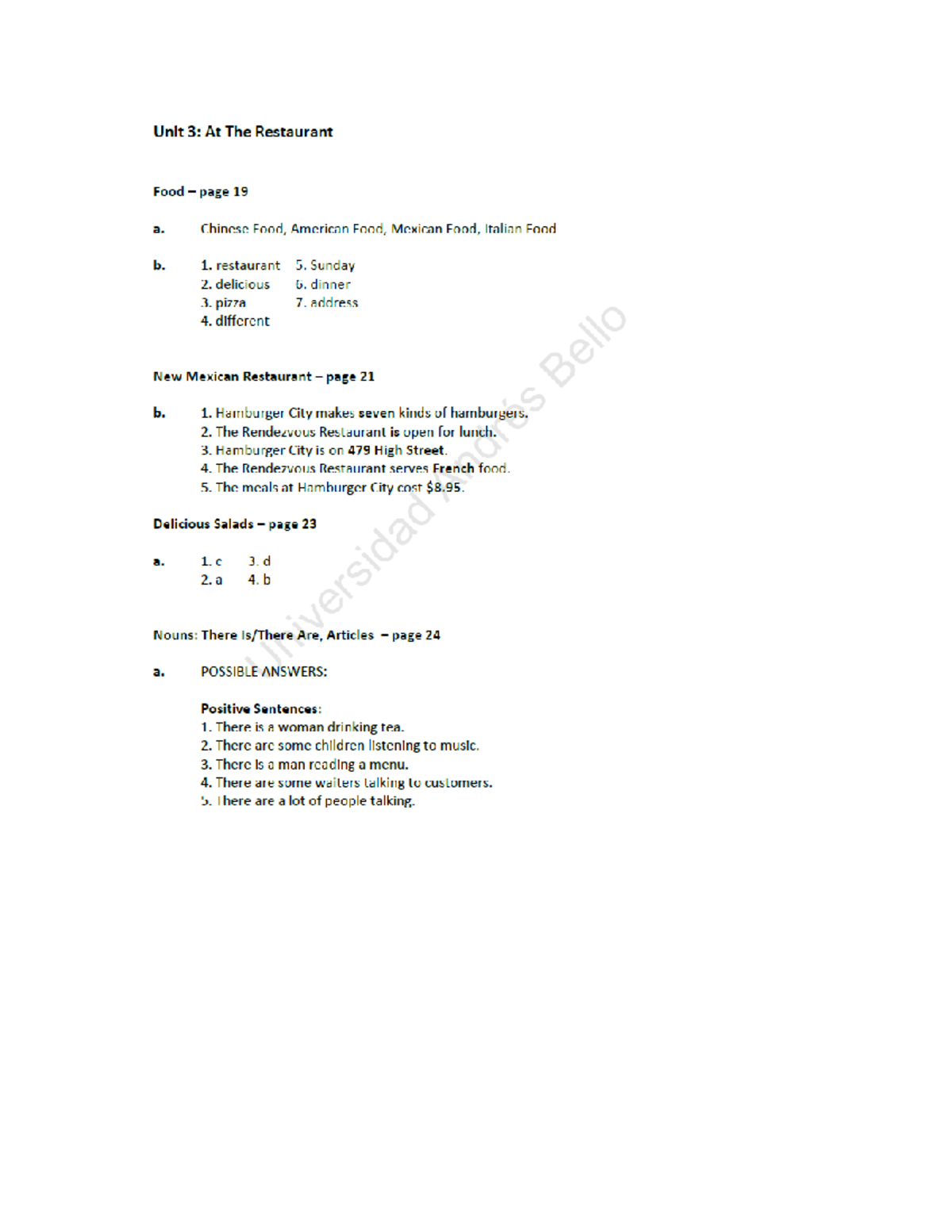 Unit 4 WB Answer Key for At The Restaurant Lessons - Studocu