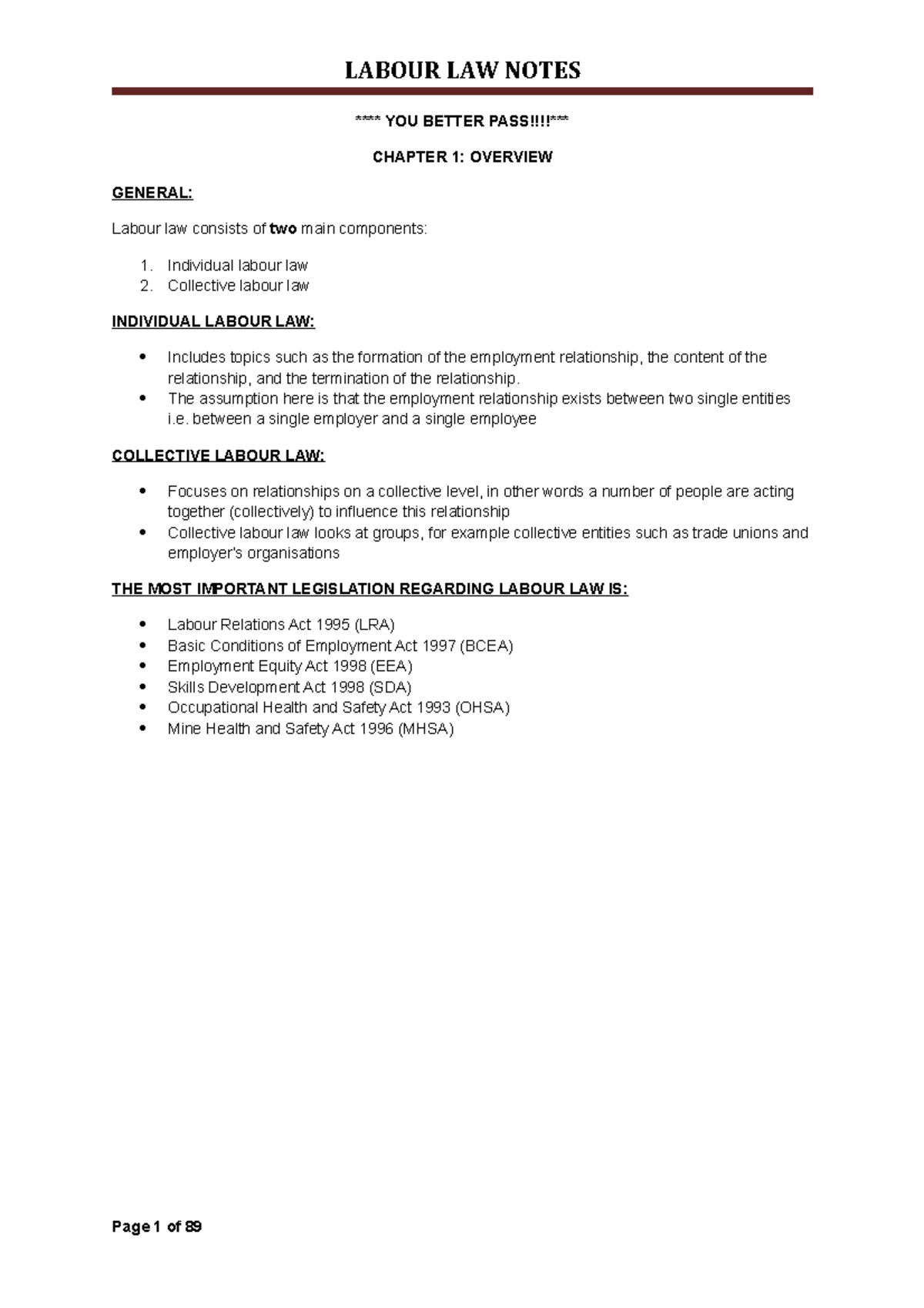 MRL3702 Labour Law Essential Notes - Overview & Key Concepts - Studocu