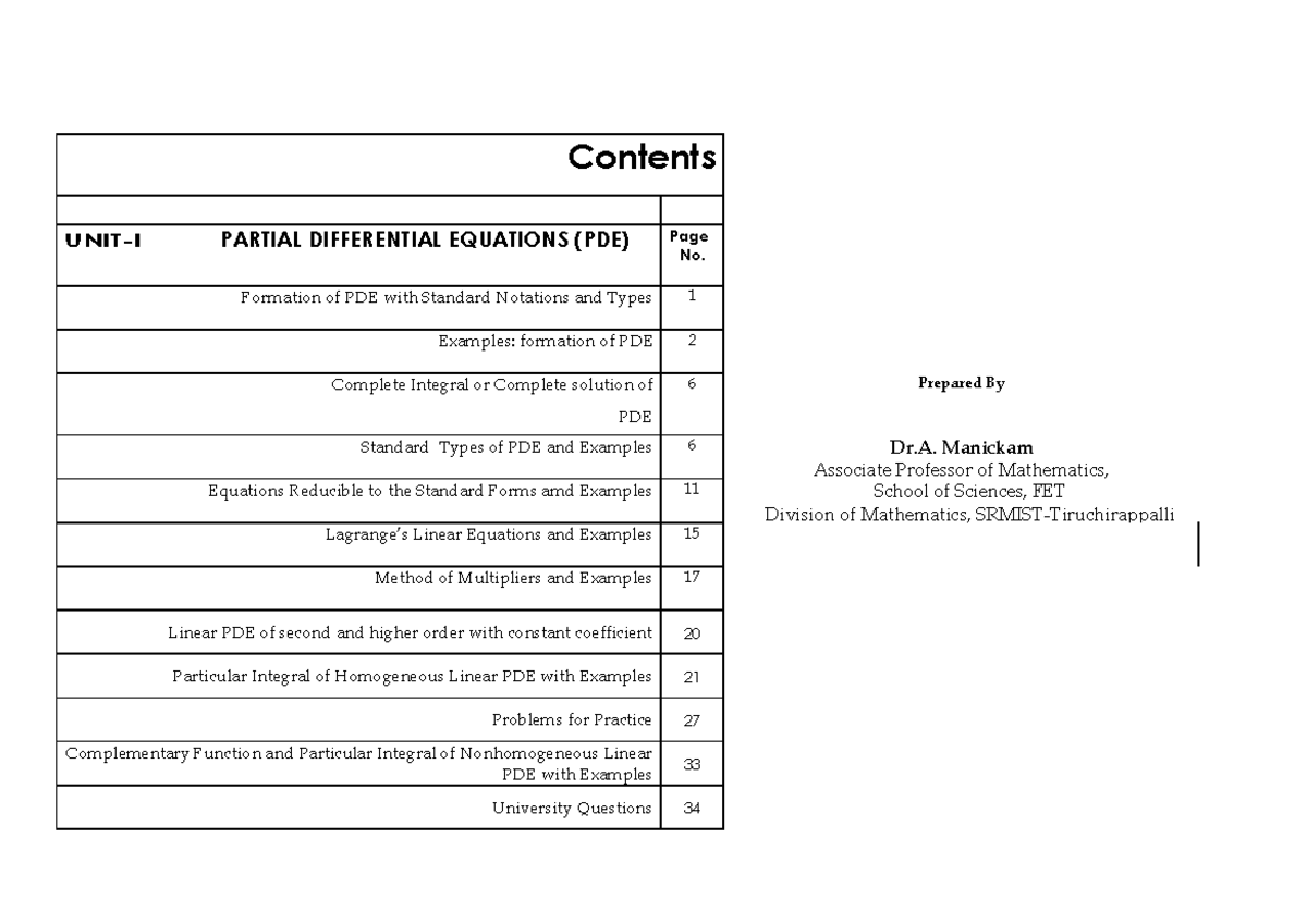 PDE Unit-I Lecture Notes - Formation and Examples of Partial ...