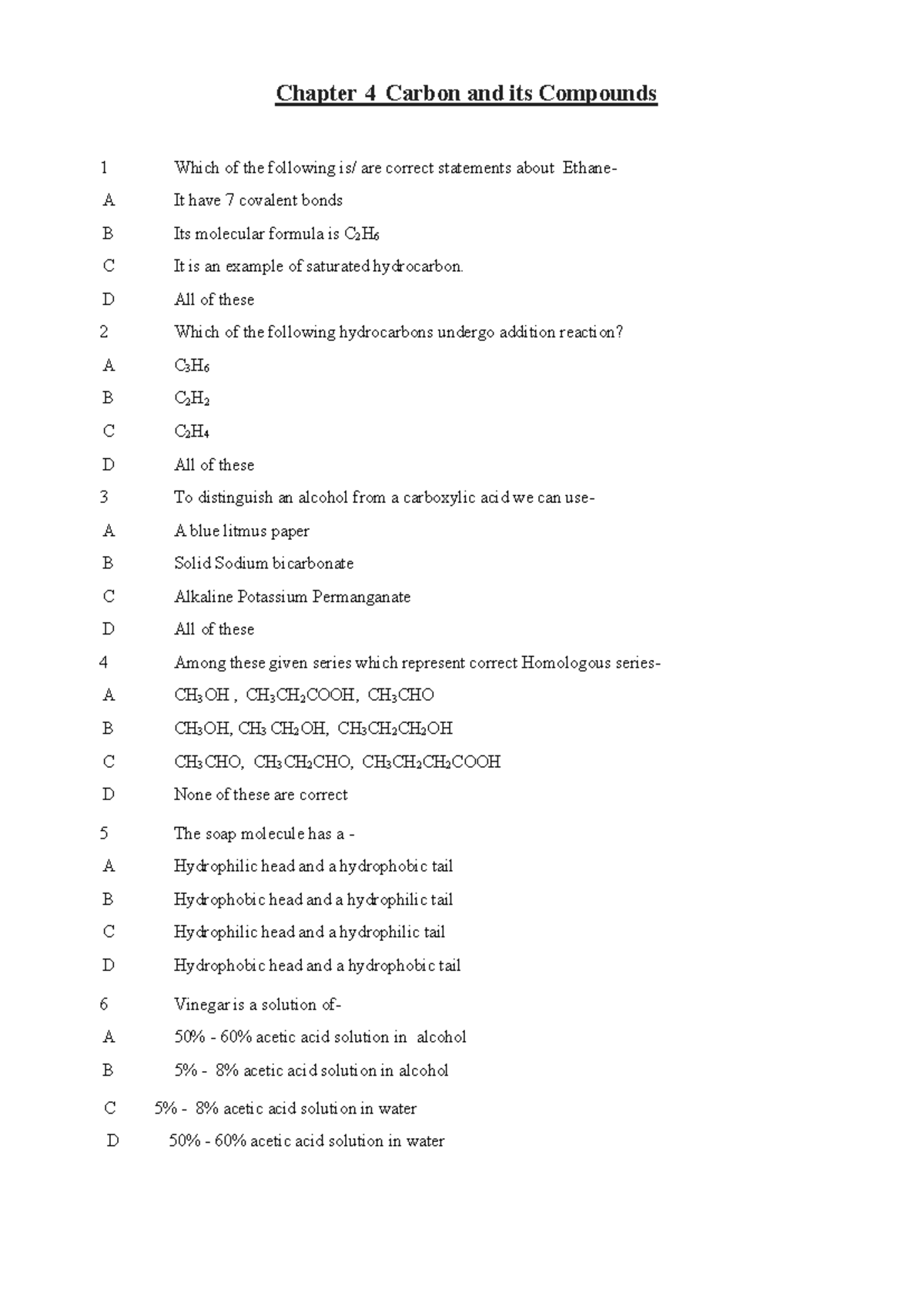 Test carbon & electricity - Chapter 4 Carbon and its Compounds 1 Which ...