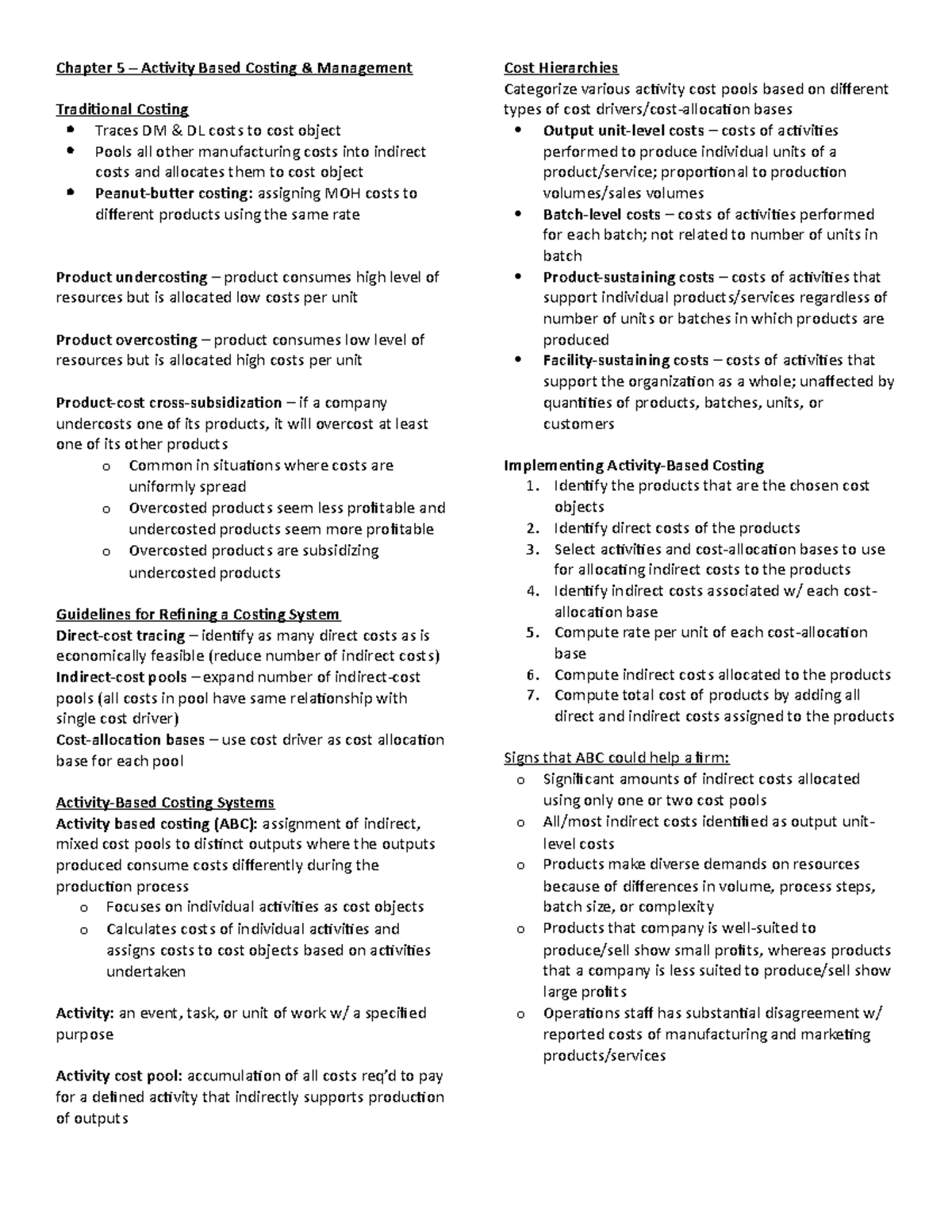 Chapter 5-8 Notes on Cost Accounting I: Activity-Based Costing ...
