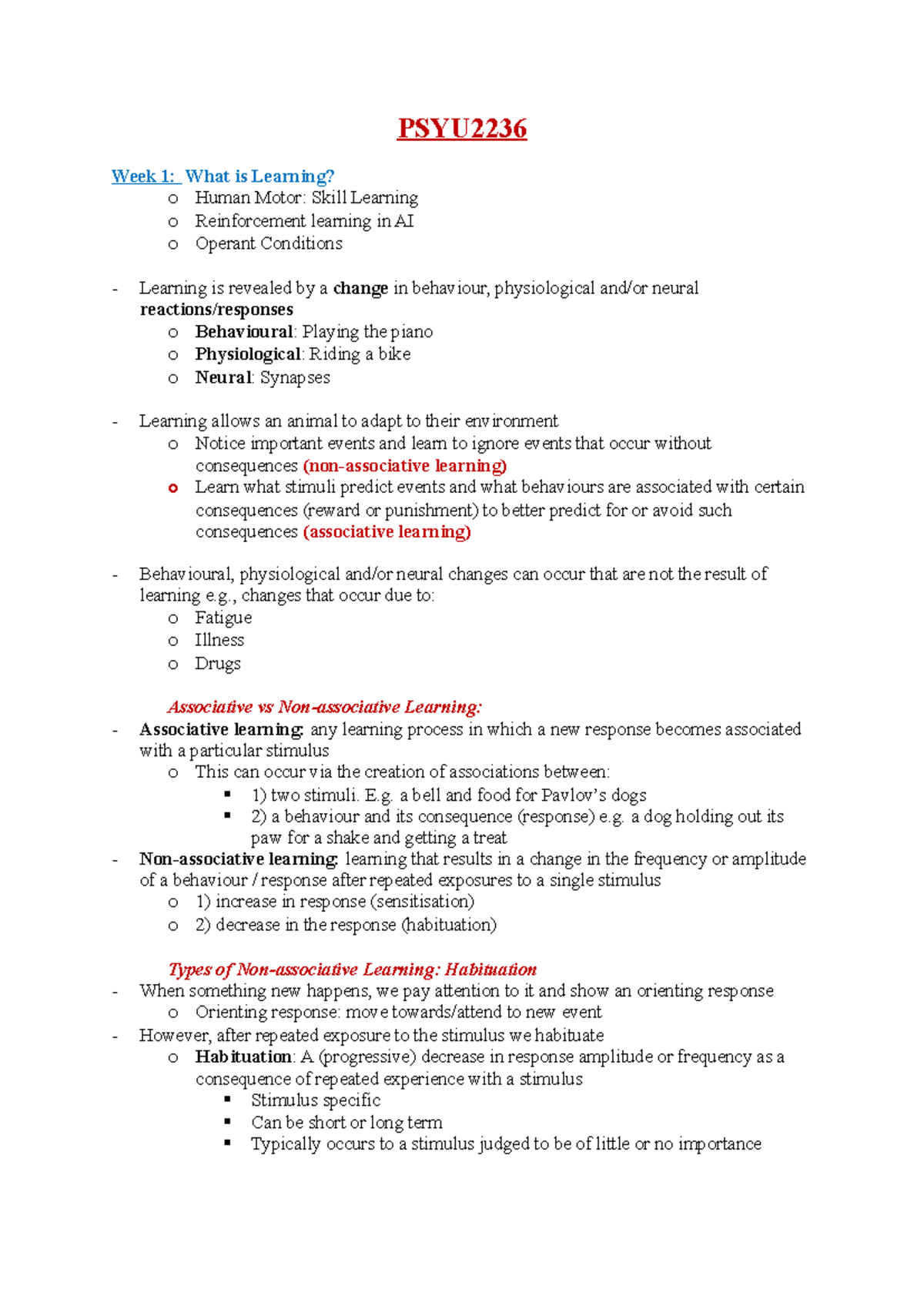 PSYU2236 Learning and Neuronal Mechanisms: Weeks 1-2 Lecture Notes ...