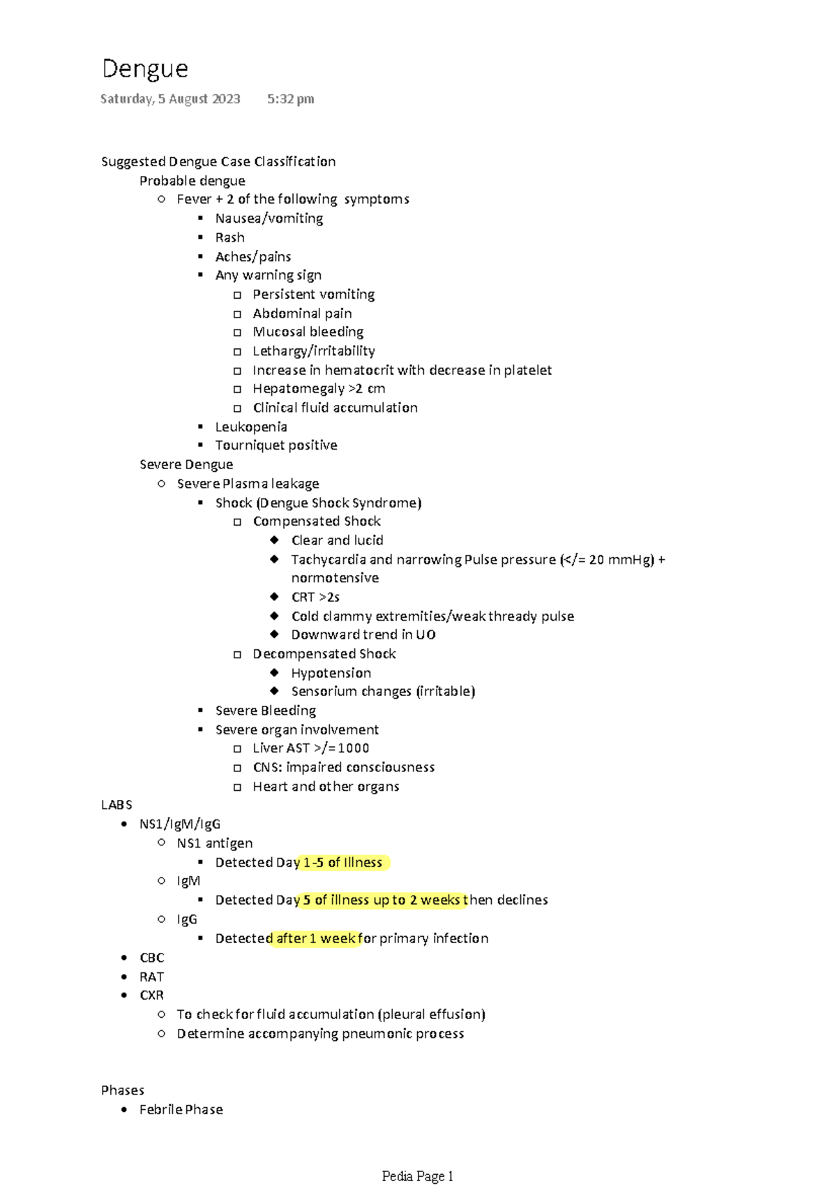 Dengue Case Classification and Management Notes (PEDIA 101) - Studocu